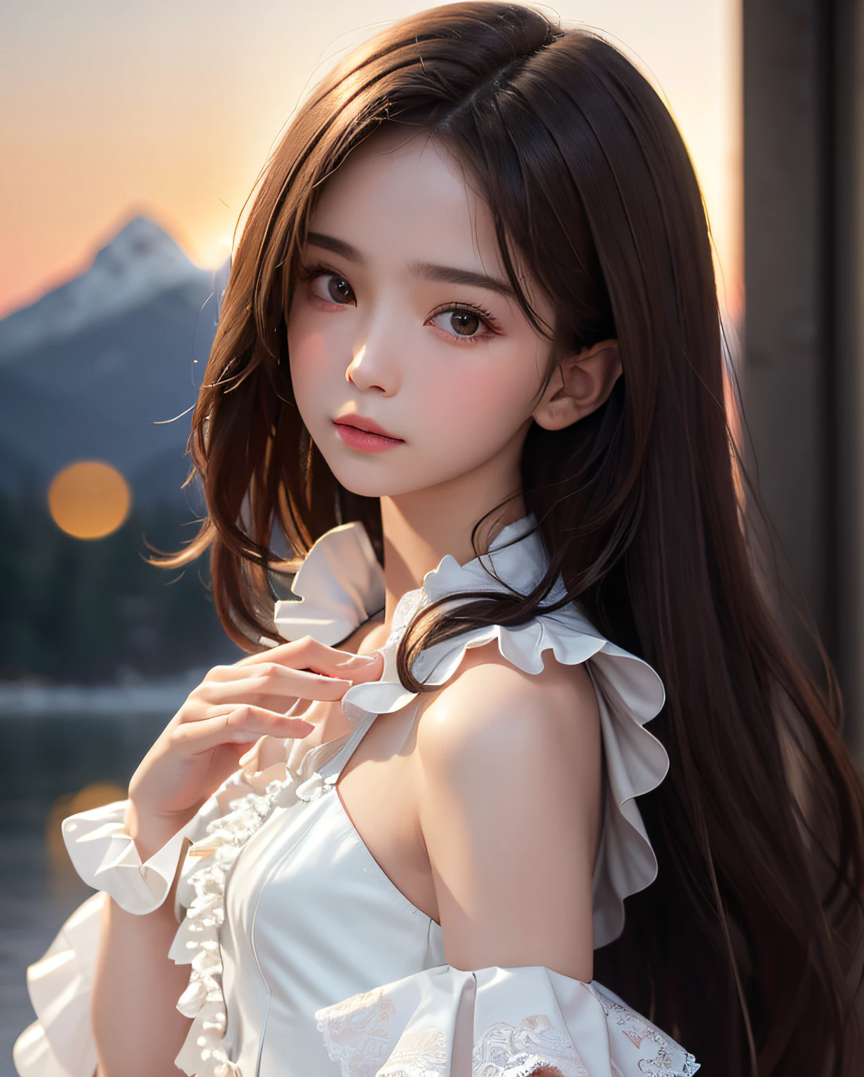 best quality, ultra hi res, photoreaslistic, a photography of a beautiful girl,  detailed face, undressing, (detailed Cropped lace blazer with a lot of frills and ribbons), Mountain, (face close up), seductive look, looking at another, random background, Sofia, 
Pure_Innocent_girl, pureerosface_v1, (upper body),  pov, (((depth of field))), pale and lustrous skin, (small breasts), neon glow, random background,  vivid,detailed, realistic, beautiful, stunning lighting, stunning reflections, sun rise, bokeh mood,  very long hair,,
