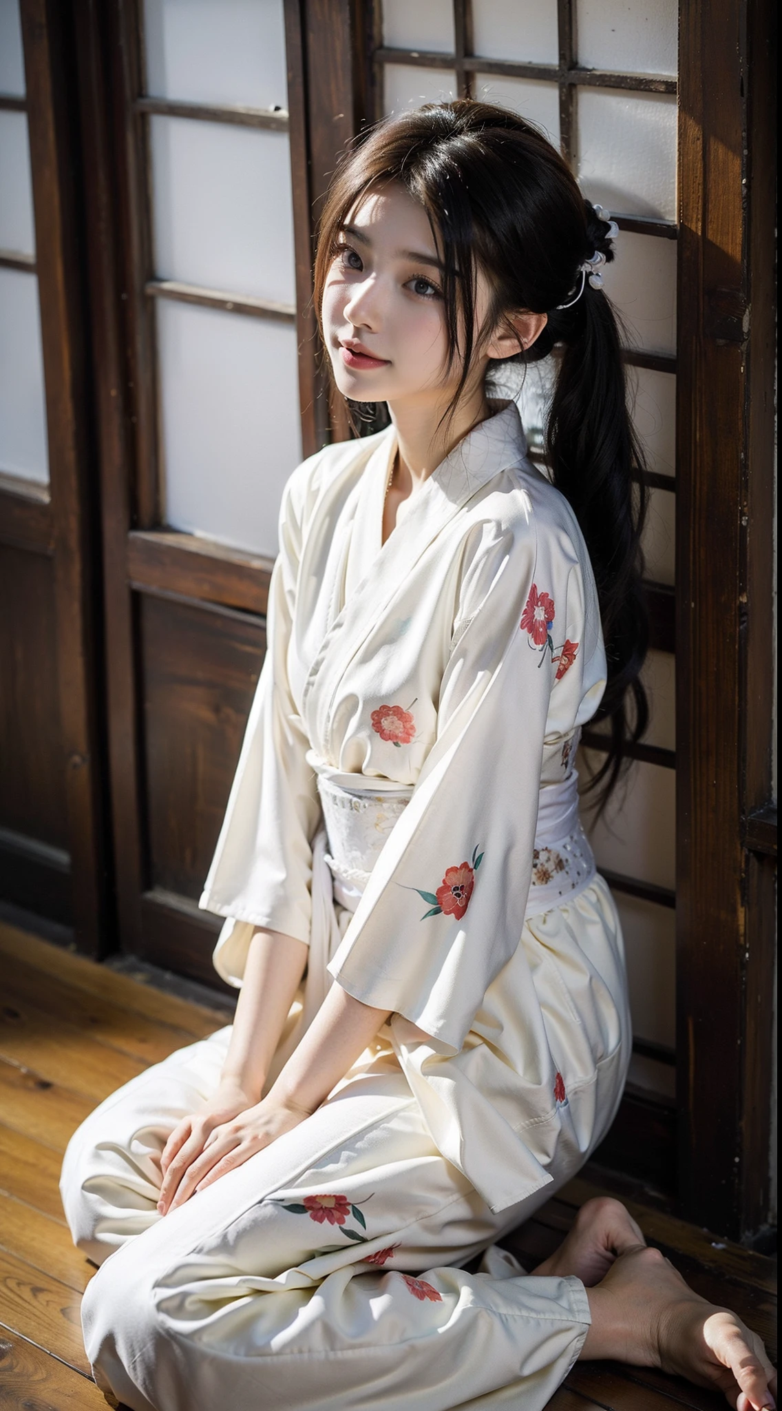 ,breast enhancement,reality,offcial art,8K quality,Super detail,fine detail skin,Movie Angle,cinematic textures,Movie lighting,Masterpiece,Best picture quality,deepshadow,Backlight,outline light,Black background,1 girl,Zhu lips,messy hair,A Japanese-style room,Wooden floors,wood door,1 woman in a kimono dress sitting in the bedroom,Girl in sexy pose,Wear a beautiful kimono, Wear simple printed robes, Wearing a kimono, wearing royal kimono, Wear a printed kimono,Japanese goddess, Japanese model, komono, Wear robes, Naked whole body,Japan kimono,Hanfu,Long hair,upper legs,White lace,bent over,nudegirl ,s girl,Smile Best Quality,tmasterpiece,(realisticlying:1.4)
