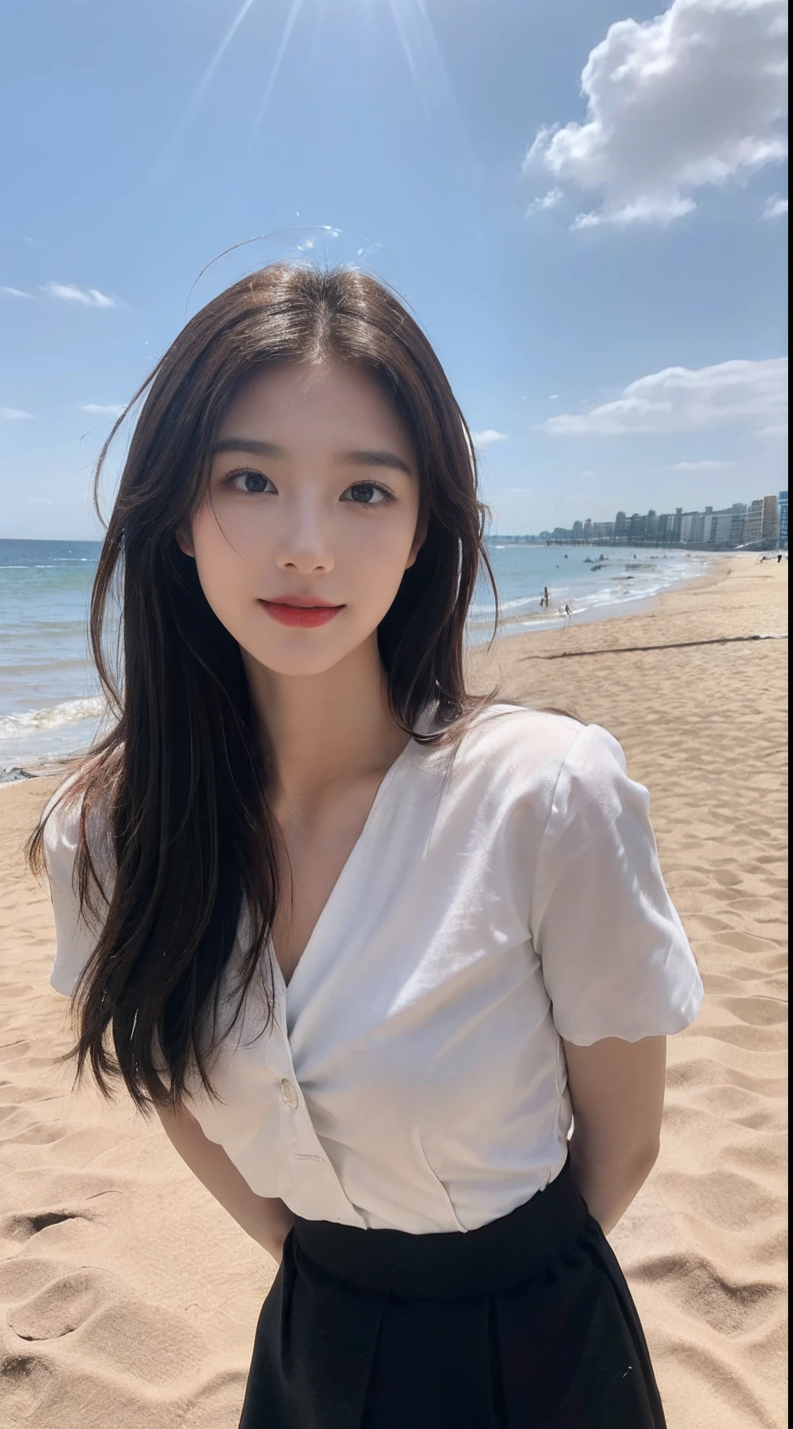 ((Best picture quality, 8K, tmasterpiece: 1.3)), self-shot, Sharp focus: 1.2, A cute beauty with a perfect figure: 1.4, Slim, ((Brown hair black)) , (whitet-shirt,pleatedskirt,Highly detailed face,Happy expression,standing on your feet:1.2),((with blue sky and white clouds,Beach by the sea:1.3. Produced with a major focus on women)),Highly detailed facial and skin texture,Detailed eyes,二重まぶた