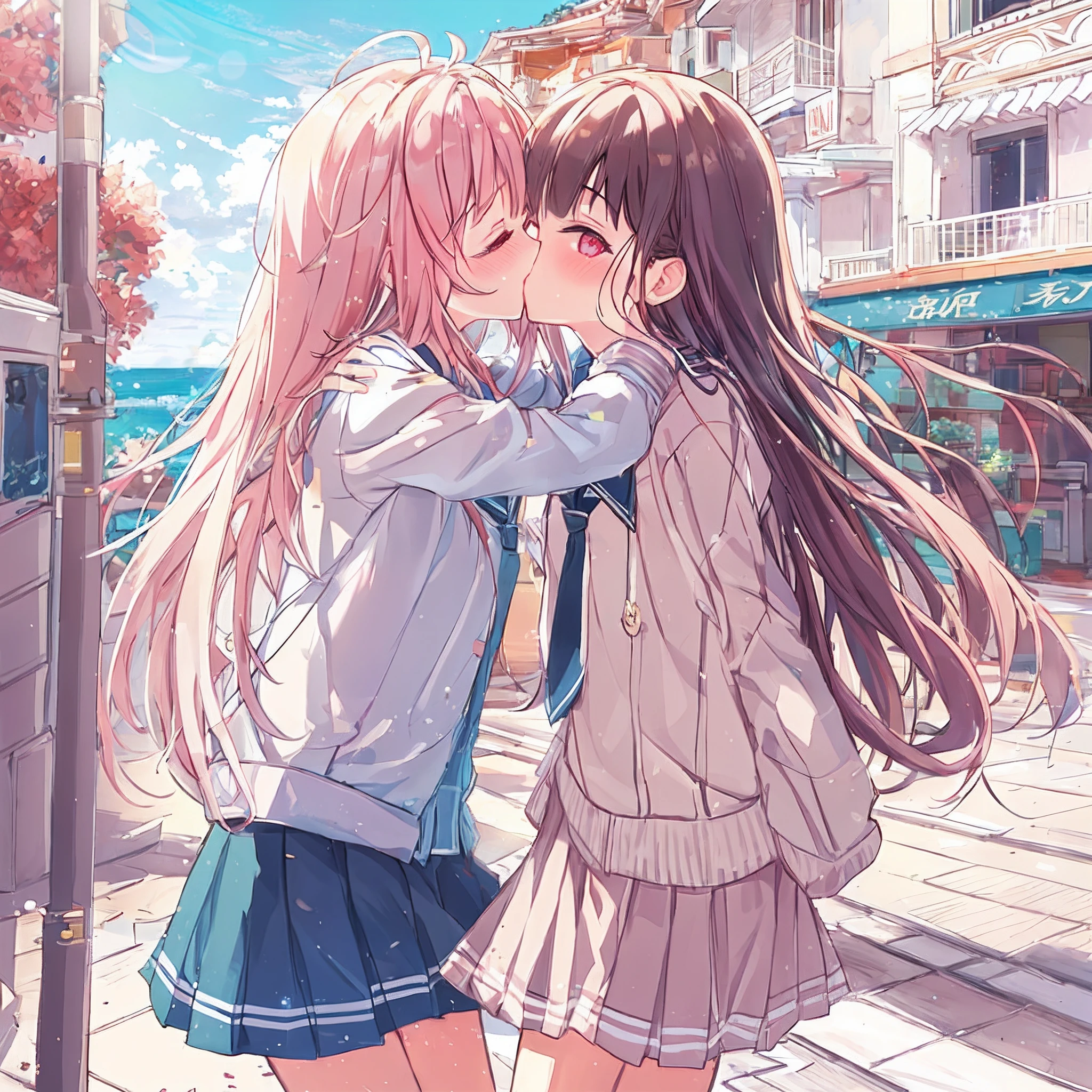 absurderes, hight resolution, (Anime style:1.1), ((masutepiece)), ((Best Quality)), (Ultra-detailed), (Beautiful), 2 girls in, Beautiful face、(liftup),Two cute girls giving a deep kiss on the street in a Mediterranean port city without worrying about people's eyes,Wind,Light pink hair, Brown hair、Blue eyes、Red Eyes,Cute summer school uniform,Blue sky,Closed eyes,Looking at Viewer,Lens Flare,Dramatic, Coastal、