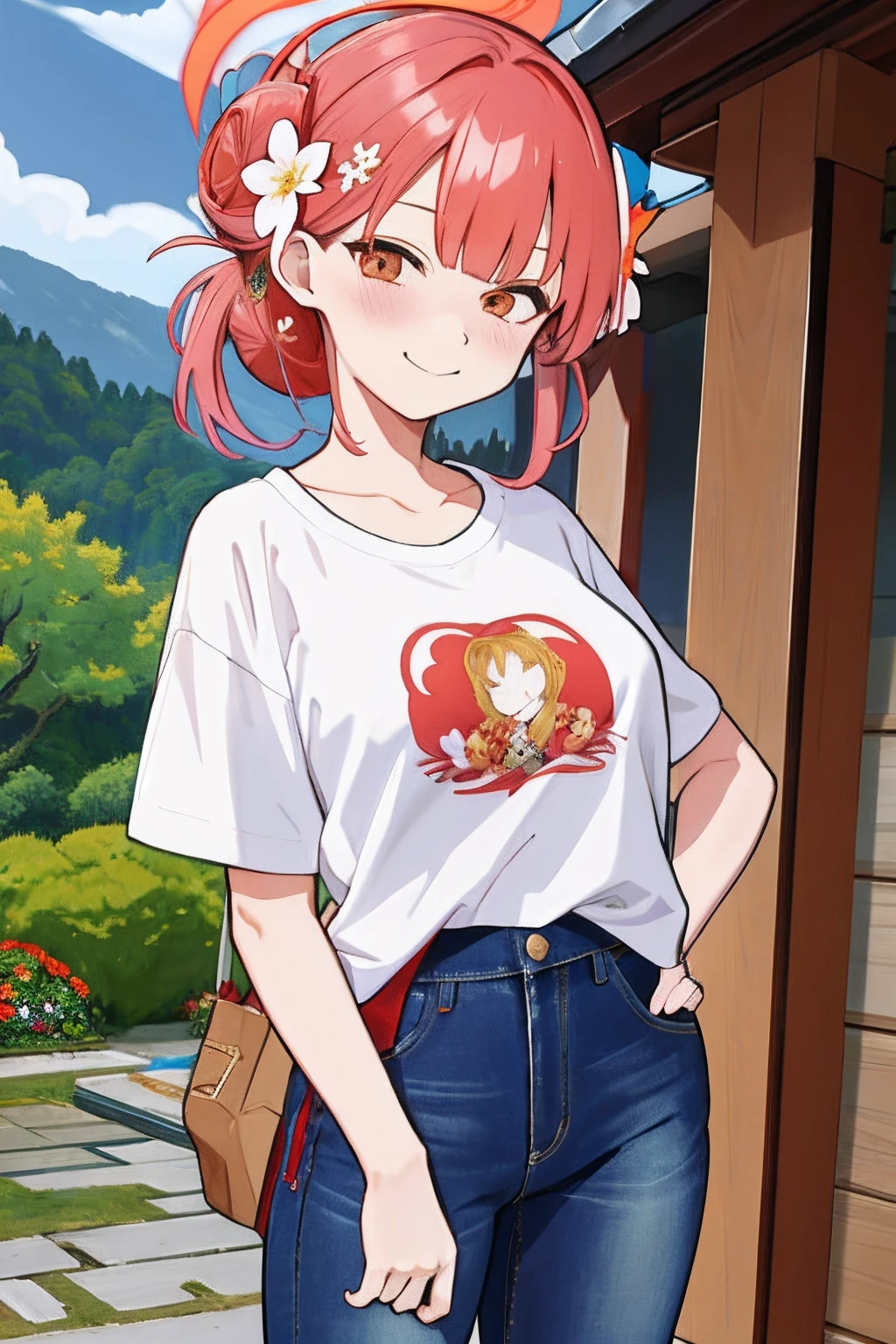 masterpiece, best quality, detailed, 1girl, standing, japanese shrine background, highres, casual outfit, t shirt and jeans, flower, hair flower,hair bun,hair ornament,
bangs, blush, horn, halo, long hair, looking at viewer, aru, smile, solo,