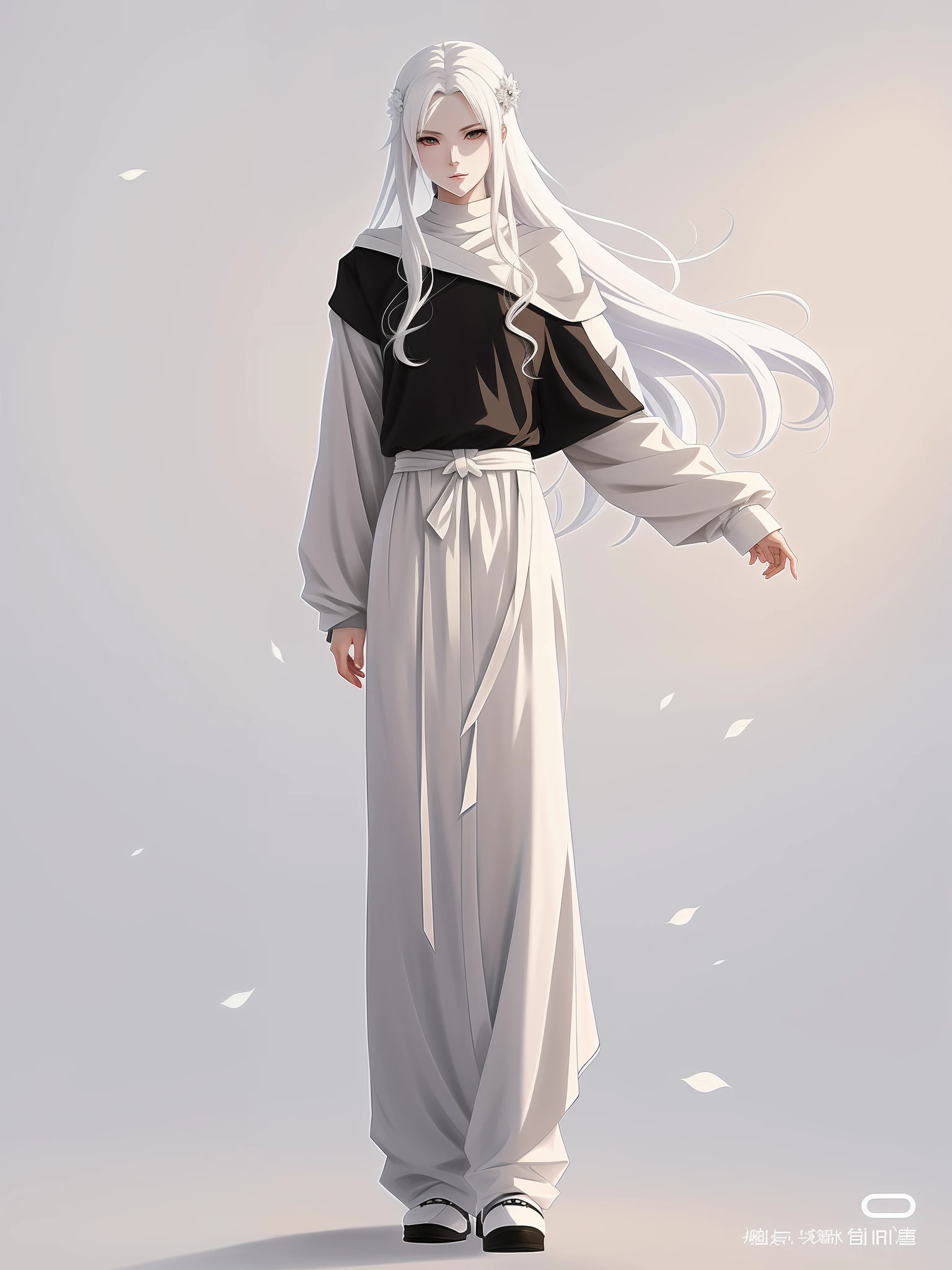Anime characters with long white hair and black tops, dressed with long fluent clothes, long  white hair, with long white hair, white-haired god, Beautiful character painting, anime figure, Guviz-style artwork, Flowing white hair, Anime character art, made with anime painter studio, anime style character, interesting character design, Ross Tran style