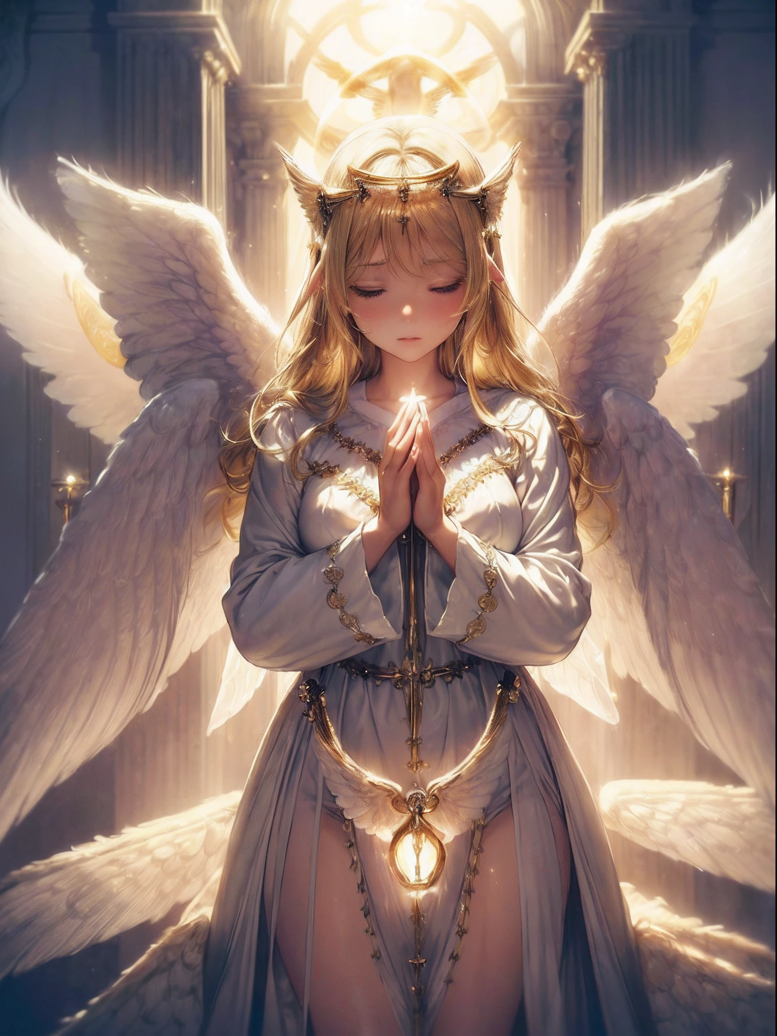 absurderes,(masterpiece、top-quality、8K ),intricate detailes,1 Cute Beautiful Girl、A slight smil、long blonde hair、Eyes closed,((angelicales、Big Wings of Angels:1.5)),(Sacred garments、Enveloped in Sacred Light:1.4)、(softfocus:1.4),ultra-detailliert、hyper realistic,perfect anatomy