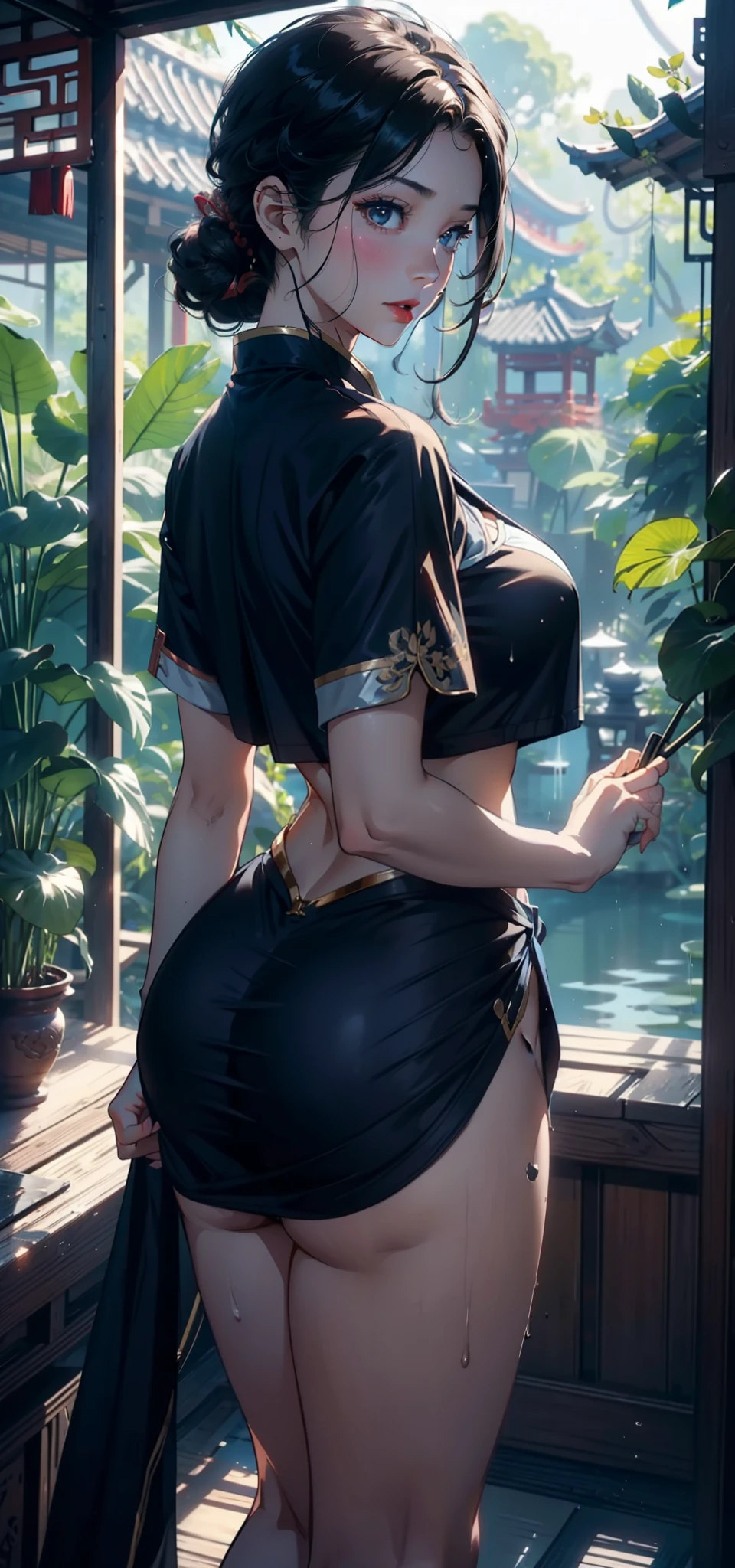 1female,35yo,熟妇,long leges,Big breasts Thin waist,Slim,huge-breasted ,Pornographic exposure, 独奏,(Background with:bamboo forrest,lotuses,lotus flower,exteriors,Lotus pond) She has short black hair,standing on your feet,Sweat profusely,drenched all over the body,seen from the front, hair straight, mostly cloudy sky,(((tmasterpiece),(Very detailed CG unity 8K wallpaper),best qualtiy,cinmatic lighting,detailed back ground,beatiful detailed eyes,Bright pupils,Black eyes,Redlip(Very fine and beautiful),(Beautiful and detailed eye description),ultra - detailed,tmasterpiece,)),facing at camera,A high resolution,ultra - detailed),revealing breasts,Bare genitalia, Bulge,legs are open,Raised sexy,Camel toes,Flushed complexion,Open-mouthed,frontage,high school senior,(Wearing:Chinese Ancient Times,Blue sailor uniform,athletic sneakers,Bare breasts,)
