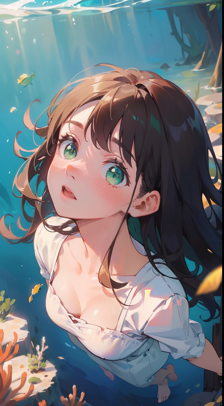 (masterpiece), (best quality), ultra high res, sharp focus, warm pastel tone, ((1 woman, solo)), full body, dutch shot beautiful detailed hair, chestnut brown hair, long hair, beautiful detailed face, ((beautiful shape eyes, green eyes)), perfect feminine face, (looks up:1.2), surprise face, open lips, is floating in the beautiful under sea, feminine light outfit, bare feet