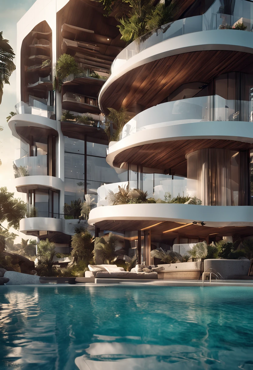 A home with a sense of futuristic technology，3-storey building，Set against the mountains，Facing the lake，Huge swimming pool，modern architectural style， hyperedetailed photo，buliding，iintricate，shadowing, HighDynamicRange，Dynamic lighting, Fotorrealista, Natural soft light, Low H, tmasterpiece, Detailed 8K，There are super many details，Oversized floor-to-ceiling glass，A combination of technology and the natural environment，Has a super cool look，