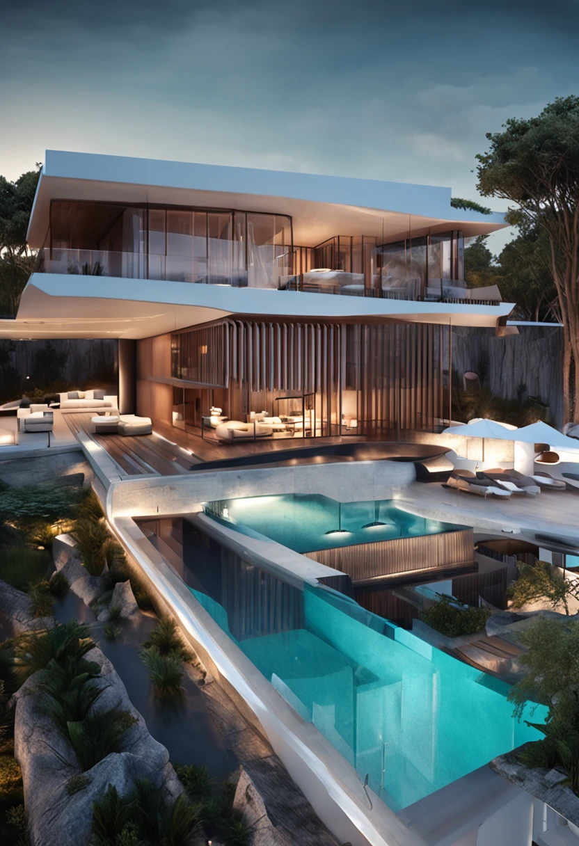 A home with a sense of futuristic technology,3-storey building,Set against the mountains,Facing the lake,Huge swimming pool,modern architectural style, hyperedetailed photo,buliding,iintricate,shadowing, HighDynamicRange,Dynamic lighting, Fotorrealista, Natural soft light, Low H, tmasterpiece, Detailed 8K,There are super many details,Oversized floor-to-ceiling glass,A combination of technology and the natural environment,Has a super cool look,