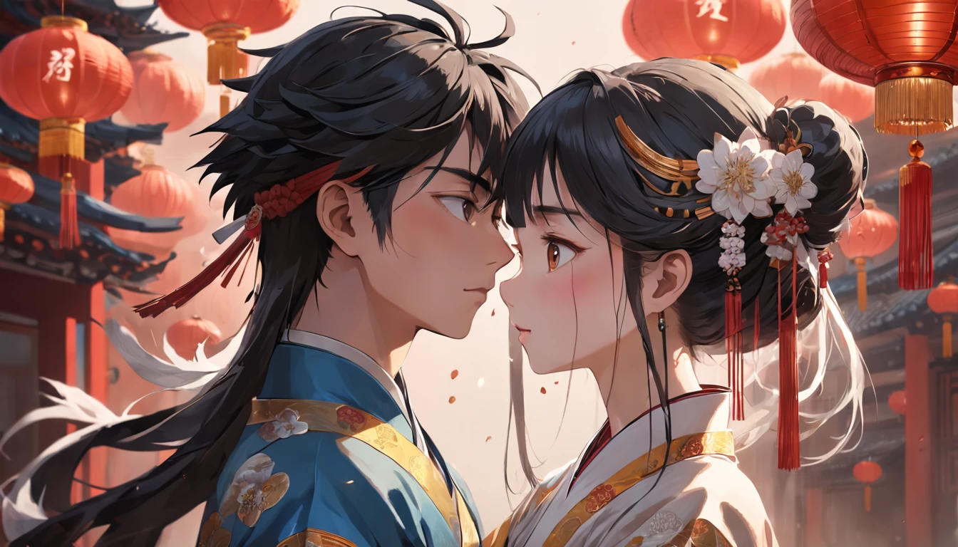 ascii art,acrylic paint,(8K, Dynamic action, pale washed out style, Dreamy nostalgia, Soft focus, dark halo, Leakage, Medium photography, Coarse grain photos, Masterpiece, Top quality, 8K, Realistic, Very dense CG, Shiny skin), (A boy and a girl,Cowboy shot:1.35), Chinese classical style, Chinese style, National style, Ancient style, Traditional Chinese cultural style,Highly detailed headwear and jewelry,Wedding scene, Bust portrait, Wedding, adorned in majestic attire, Chinese elements, macro photography, Colorful matching scenes, Grand, Gorgeous, Happy character expression, Crazy details and intricacies, hypermaximalistic, elegant, Gorgeous, Surreal, Super detailed
