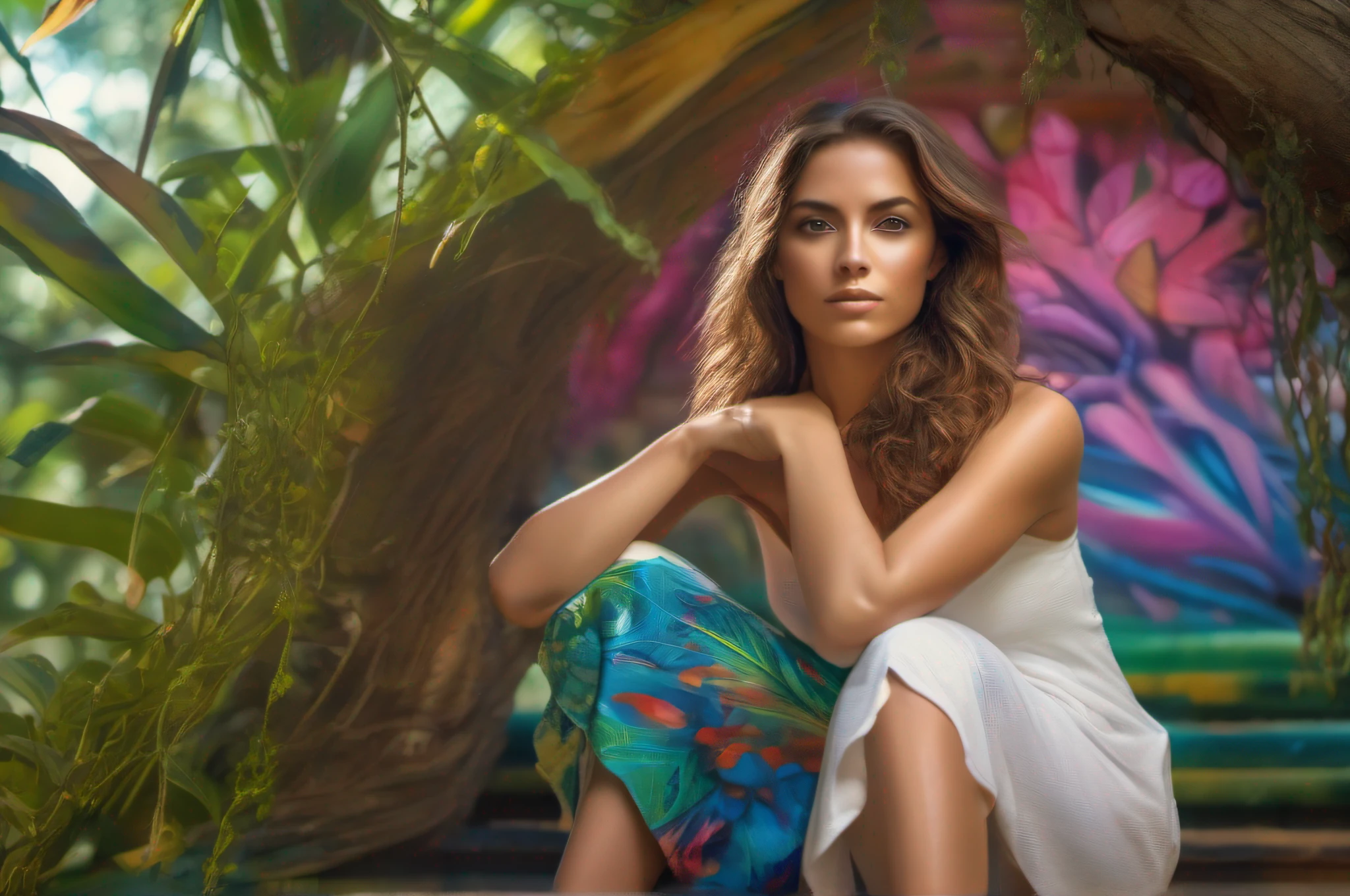 In a captivating jungle setting, A close-up photo captures the charm of an incredibly beautiful fitness girl. cuerpo completo de la mujer. Ella se para con el pelo rubio suelto, adornado con delicadas enredaderas, Disfrutando del resplandor radiante del sol. The scene is vivid and rich, presented in 8K resolution for optimal quality.Its captivating charm is accentuated by the white sleepwear that moves through the air that tastefully hints at its features....... La imagen es una obra maestra que juega con la luz y la sombra, lograr un contraste y una profundidad de campo sorprendentes. Attention to detail extends to your face, reflejando matices realistas en el estilo que recuerda a SamDoesArts.Esta imagen deslumbrante celebra la belleza natural y el encanto, encapsulando la esencia de un momento encantador en medio de la exuberante jungla.A stunning uncensored portrait of a captivating woman in an intimate solo scene. Ella posee una belleza notable, with impeccable features and aura. Su cabello, blanco y peinado en una cola de caballo con puntas de colores y hai interior