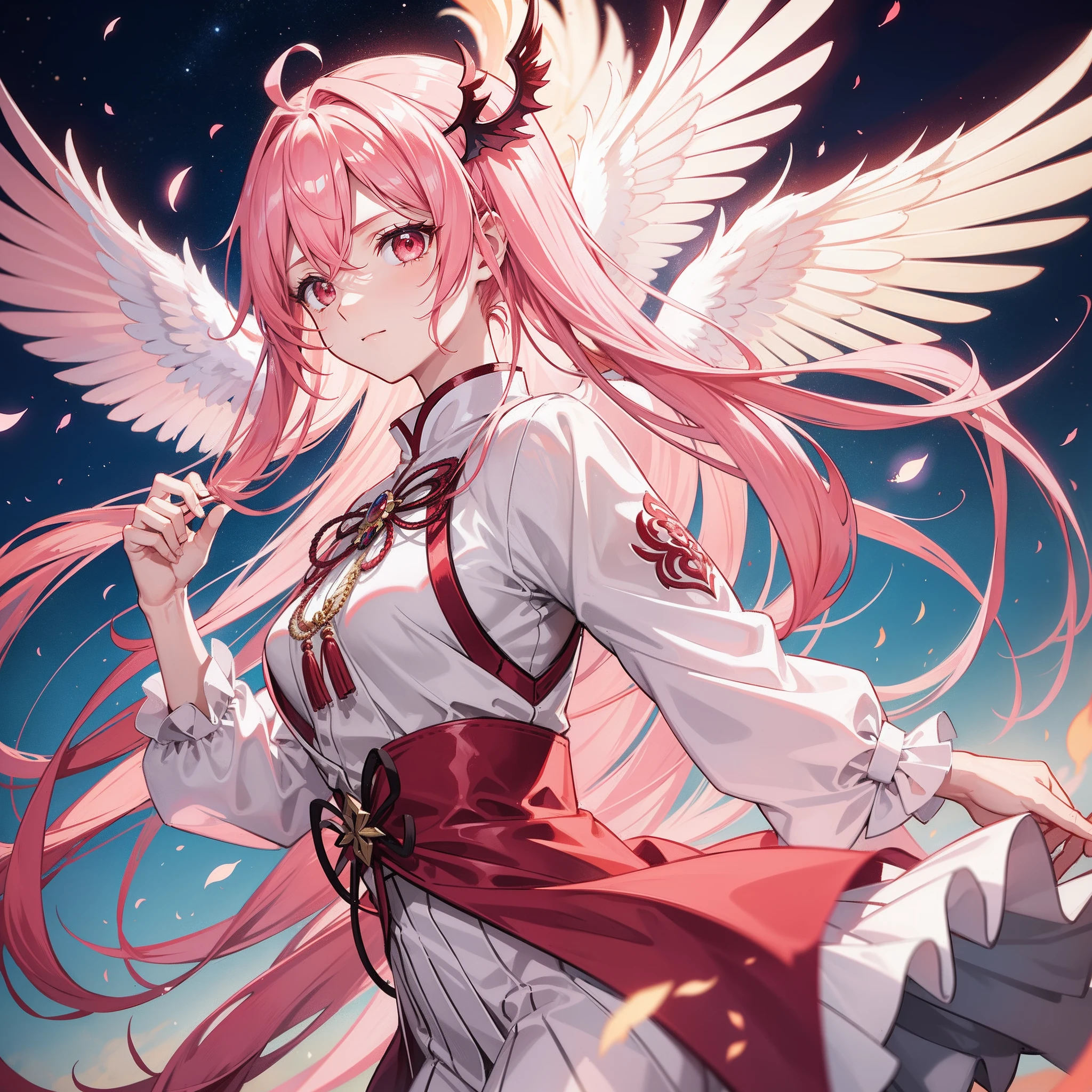 Six-winged Blazing Archangel,Pink Long Hair,red color eyes,校服,Fly in mid-air,A light blooms behind him,Radiant,calm expression