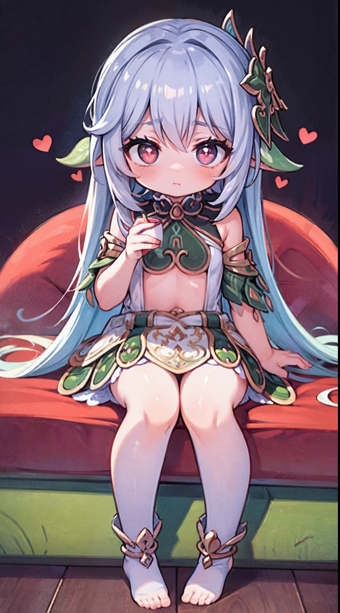 Nasida，flatchest，long  skirt，Sitting down， A cup，High detail, Heart-shaped pupils，Love pupils，cropped shoulders，Lots of hearts，Fleshy thighs,highly rendered，detailed face with，white stockings