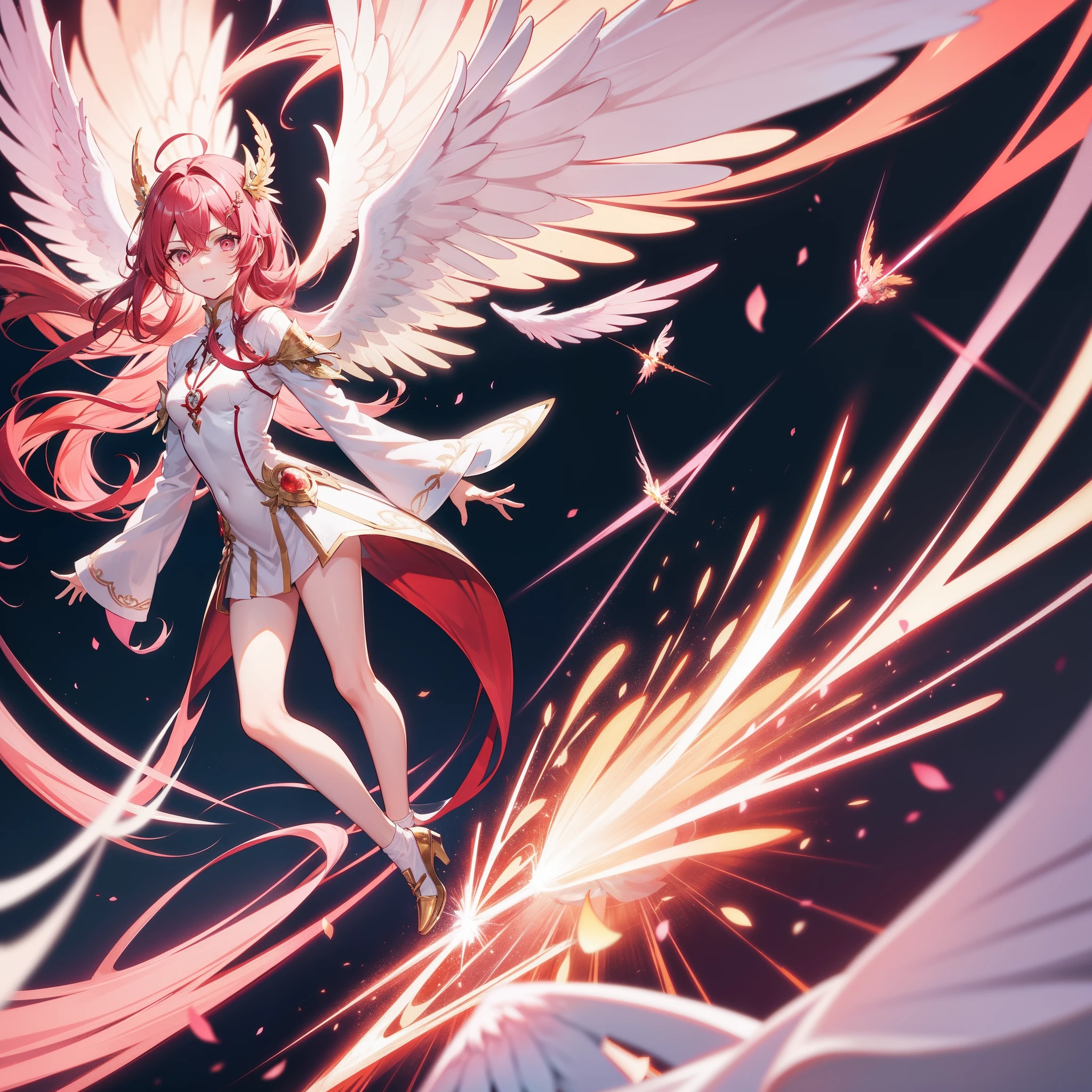 Six-winged Blazing Archangel,Pink Long Hair,red color eyes,校服,Fly in mid-air,A light blooms behind him,Radiant,calm expression