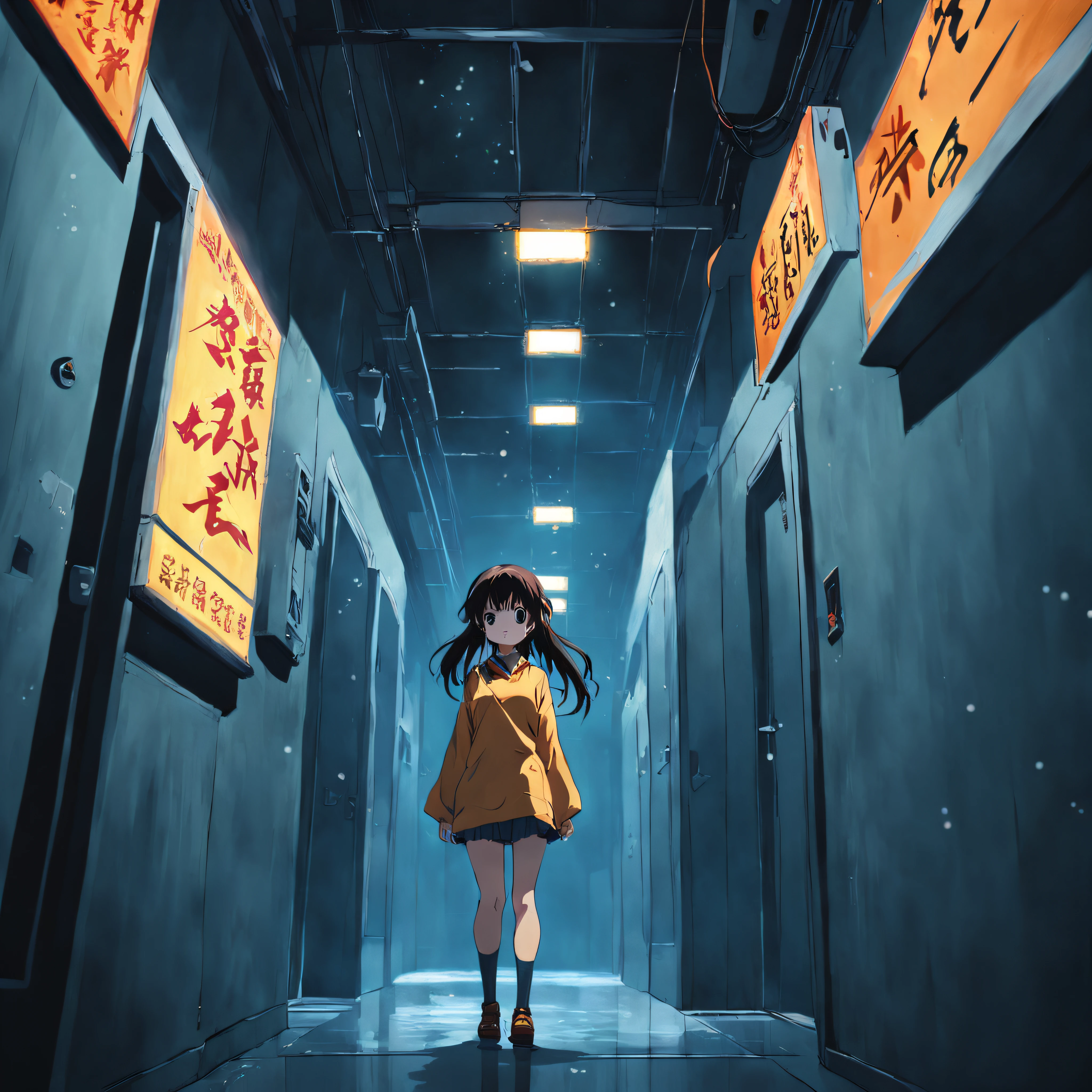 Backroom Masterpiece、top-quality、Movie stills、1girl in、full bodyesbian、murky、deadpan、dim lighting、electric lights、A corridor that lasts forever、looking-down、(Spark:0.7)