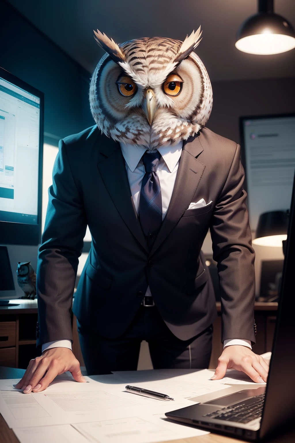Cute owl in a suit, his face is charming, on a computer working as a designer, realistic, hd, cinematic
