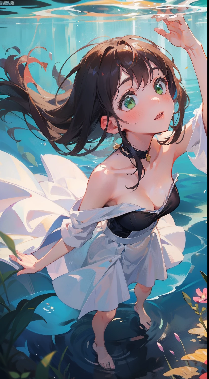 (masterpiece), (best quality), ultra high res, sharp focus, warm pastel tone, ((1 woman, solo)), full body, magazine cover shot, beautiful detailed hair, chestnut brown hair, long hair, beautiful detailed face, ((beautiful shape eyes, green eyes)), perfect feminine face, (looks up:1.2), surprise face, open lips, is floating  in the beautiful under sea, feminine light outfit, bare feet