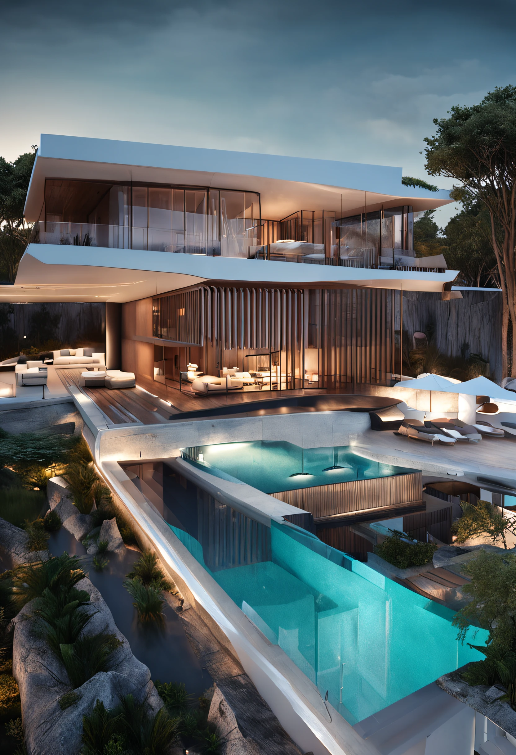 A home with a sense of futuristic technology,3-storey building,Set against the mountains,Facing the lake,Huge swimming pool,modern architectural style, hyperedetailed photo,buliding,iintricate,shadowing, HighDynamicRange,Dynamic lighting, Fotorrealista, Natural soft light, Low H, tmasterpiece, Detailed 8K,There are super many details,Oversized floor-to-ceiling glass,A combination of technology and the natural environment,Has a super cool look,