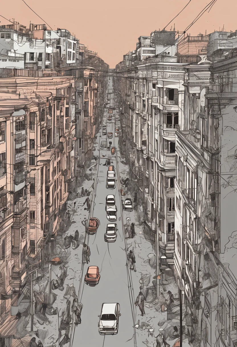A primeira imagem mostra Clara caminhando pelas ruas da cidade, surrounded by grey buildings and people with empty expressions