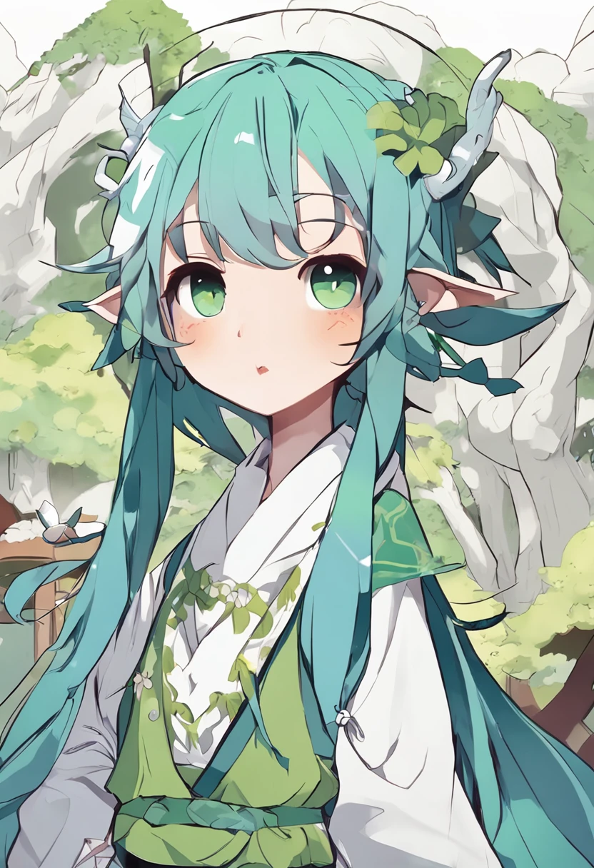 1girl in,((Win the Wind Spirit Messenger)),NOWAI,cute little,(ultra-detailed small face),((Ultra-detailed eyes,ultra-intricate pupil in eyes)),slim, smart,age, poneyTail,green colored hair,Hooded robe,white shirt,Blue mini skirt