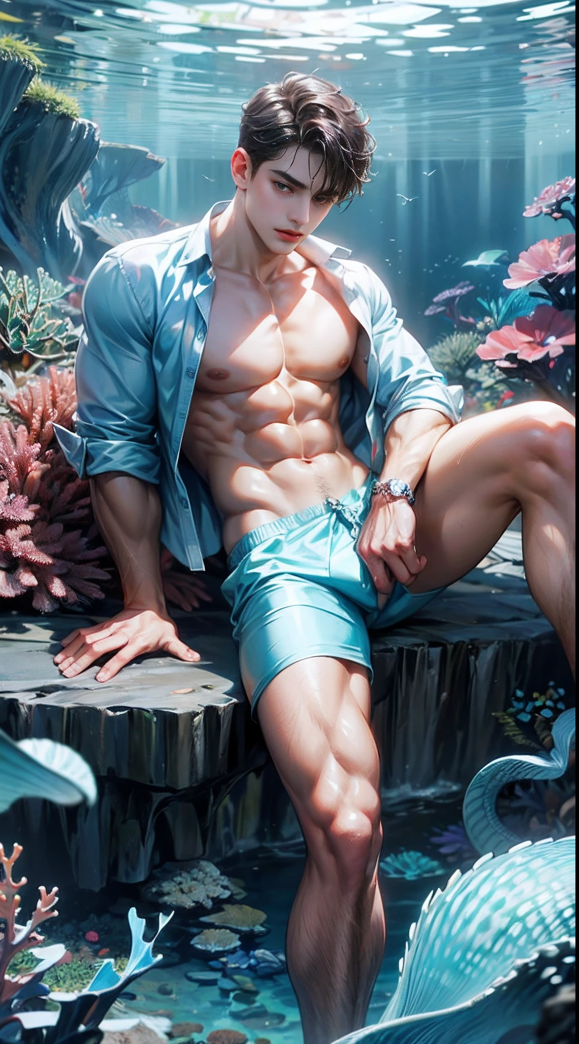 (absurderes, A high resolution, Ultra detailed, hdr), Masterpiece, Best quality, Portrait of a boy, Handsome boy with red eyes, Detailed face, Professional photo, The Arafed man went into battle shirtless, Lie comfortably，legs are open, (puffynipple(From below:1.1)), Focus on your audience,18 year old boy, Handsome boy, [ A well-defined body ]，Light blue shirt opening，Abs，chest muscle，merfolk，large bulge，Lie on a reef at the bottom of the sea，The corals，Octopus tentacles touch wrapped around the body，Aquaman Trident，