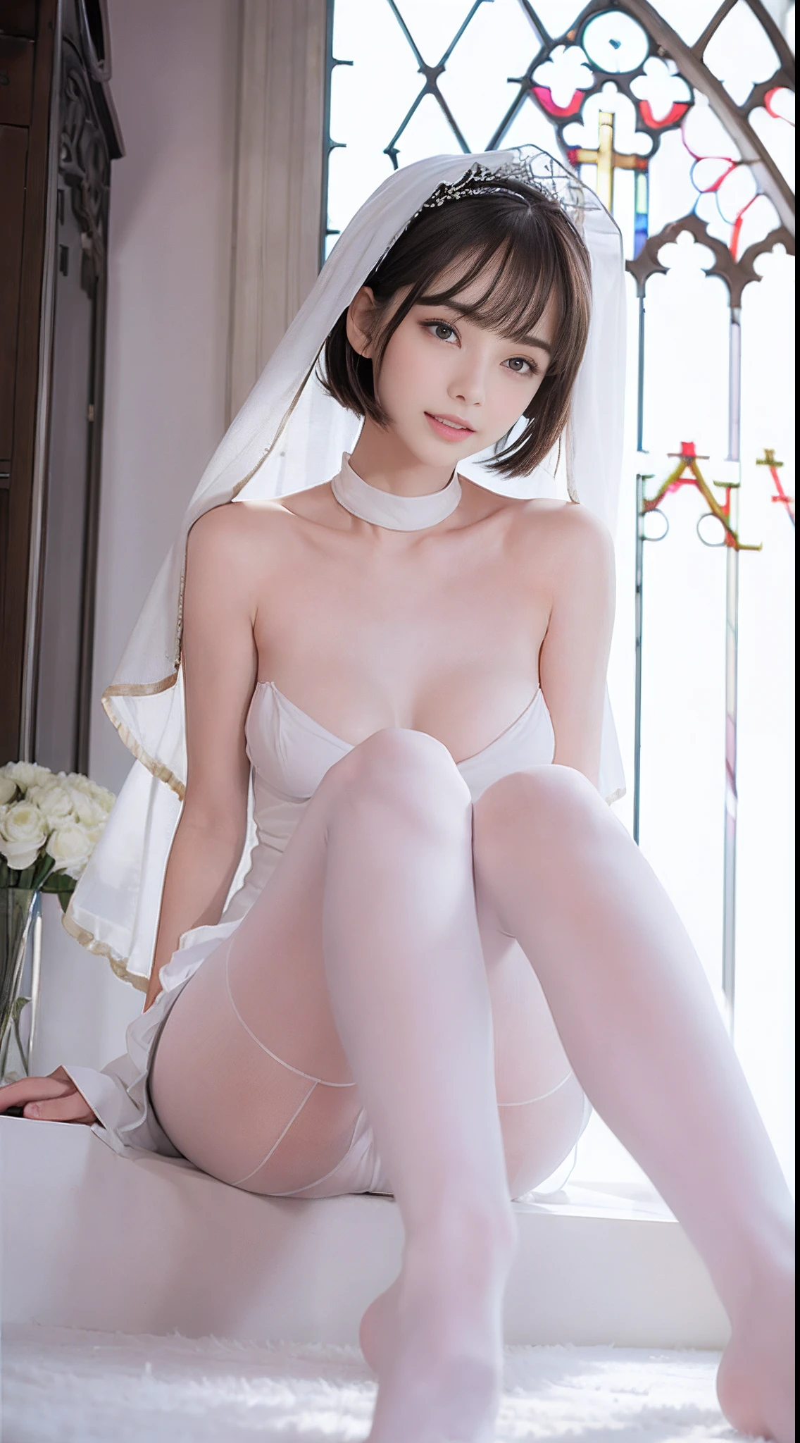 (hight resolution、hightquality、hightquality、High-resolution face drawing、Single Female、独奏))、((very Bigger breasts:1.3))、cleavage of the breast,Perfect Angle、Professional quality、perfect contrast、Perfect litthing、perfect-composition、perfect Waifu、flawless skin、perfect hand、Perfect fingers、perfect chest、perfect hair、face perfect、A masterpiece with realistic facial features、long neck、Protruding ears、Princess Cut、a short bob、Clean teeth、(legs are long,、二重まぶた,The eye、It's a bit wide、Quite an adult supermodel)、Bangs are a beautiful short bob cut、short beautiful hair with bangs,,,,,,,,,、long neck、a small face、Beautiful collarbone、Light reflected in the eyes、face perfect、Perfect body、Perfect fingers、perfect arms、perfect hand、Symmetrical and very beautiful face、Golden Ratio Beauty Face、looking straight at camera:1.4、perfect anatomia、27yo、adult appeal、cute little、spotless、A smile、Perfect Lovely Wife、A masterpiece of realistic facial features、lipgloss、long neck、Nice collarbone、Nice cleavage、Nice teeth、Fingers on cheeks、10 head body、Beautiful poses、Super Real 8K、thick thight、thin ankles、dense background、depth of fields、realisitic:1.3、longshot、((short and white skirt、Snow White Prom Dresses、wedding veil、Back ribbon、Pagoda Sleep、Train、Long Globe:1.7))、((Very thin white pantyhose: 1.7))、beauty legs、((Panties under pantyhose,highleg: 1.7))、Foot size 22.5cm、thin and beautiful toes、((You are in front of the chapel:1.4)),Facing the viewer、Sexy Bride, ((sitting down on the floor))、((foot up:1.4)),Turn the soles of your feet to the viewer