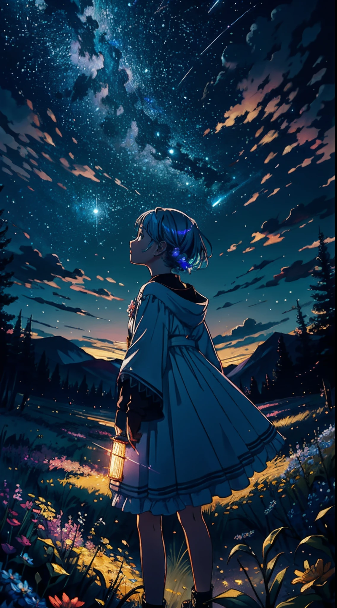 Expansive landscape photograph, (view from below with a view of the sky and the wilderness below), girl standing in a flower field looking up, (full moon: 1.2), (shooting star: 0.9), (nebula: 1.3), distant mountain, tree break production art, (warm light source: 1.2), (firefly: 1.2), lamp, purple and orange, intricate detail, volume lighting BREAK (masterpiece: 1.2), (highest quality ), 4k, ultra-detailed, (dynamic configuration: 1.4), highly detailed and colorful details (iridescent: 1.2), (sparkling lighting, atmospheric lighting), dreamy, magical, (solo: 1.2)