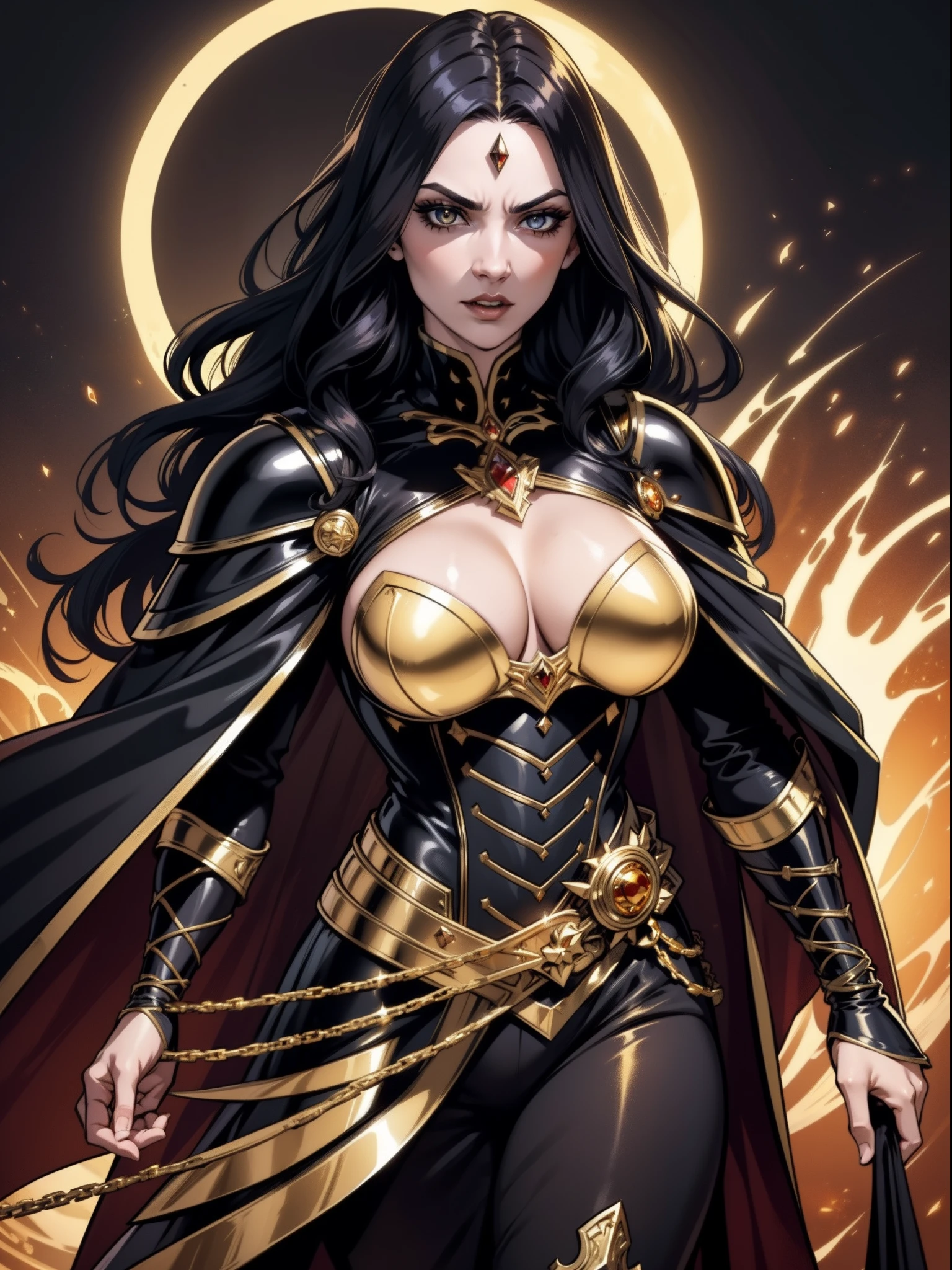 An adult vampire character wearing Gothic armor in black and gold, capa dourada, cabelo dourado, gold-colored eyes, linda, maravilhosa, detalhada, Magnificent, magia, capuz, serious facial expression, diadema, 8k, Flowing golden cape, eclipse