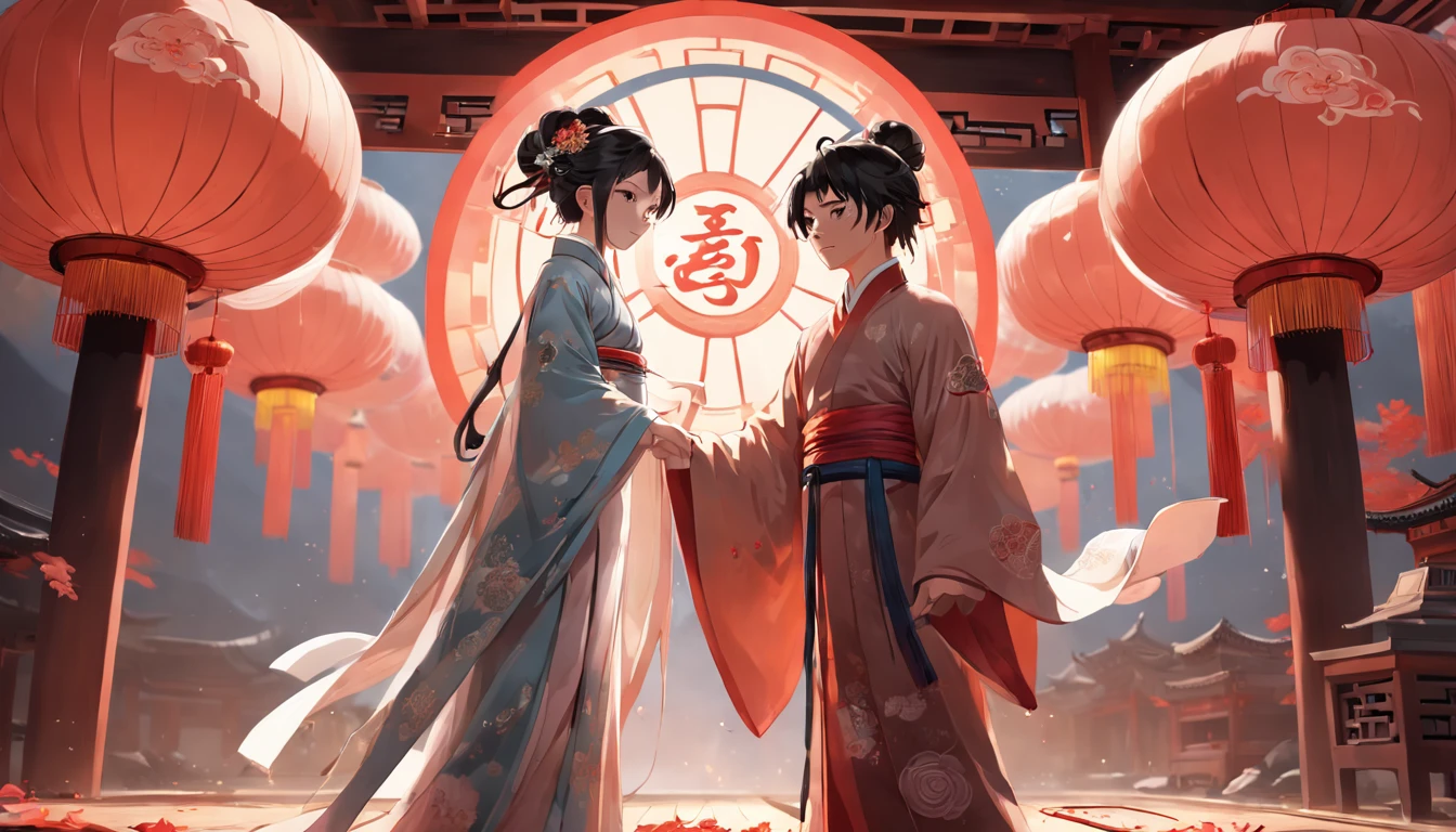 ascii art,acrylic paint,(8K, Dynamic action, pale washed out style, Dreamy nostalgia, Soft focus, dark halo, Leakage, Medium photography, Coarse grain photos, Masterpiece, Top quality, 8K, Realistic, Very dense CG, Shiny skin), (A boy and a girl,full body shot:1.35), Chinese classical style, Chinese style, National style, Ancient style, Traditional Chinese cultural style,Highly detailed headwear and jewelry,Wedding scene, Bust portrait, Wedding, adorned in majestic attire, Chinese elements, macro photography, Colorful matching scenes, Grand, Gorgeous, Happy character expression, Crazy details and intricacies, hypermaximalistic, elegant, Gorgeous, Surreal, Super detailed
