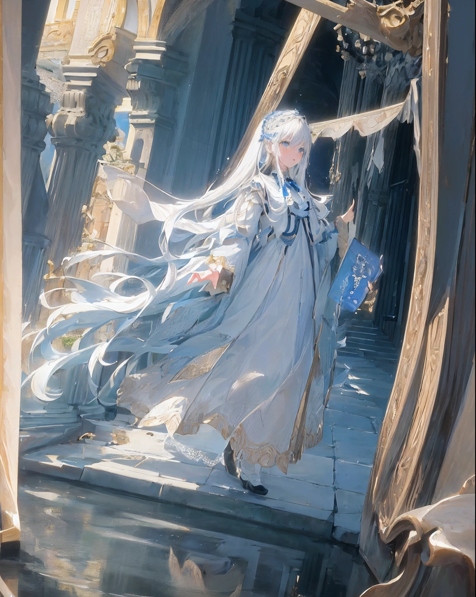 ((masterpiece)), ((high detail)), 1girl, ((ultra-detailed)),((delicate face)), Beautiful detailed eyes, (White blue hair in gradations with golden highlight hair),long hair, floating hair, ,hairs between eyes, GSHead,1girl ,solo,blue eyes,genshin_impact,look at the viewer, ((full_body,distant view)), ((white background)), (Tarot cards border, outside border), Highly reflective mirror-like water underfoot,Step on the lake,,Wide Angle shot, strong light and shadow, cinematographic lens victorian dress ability to control time