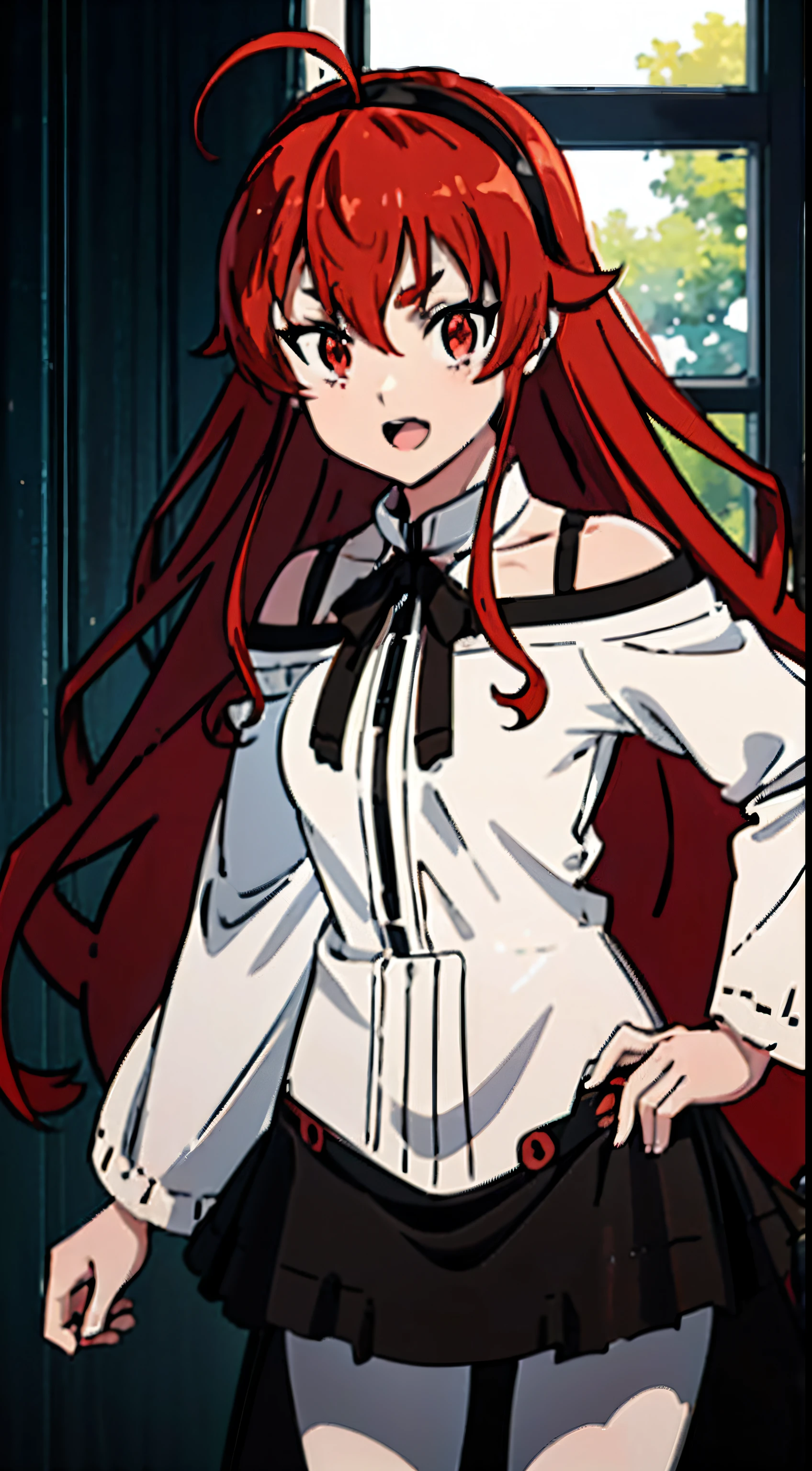 Best Quality, (masutepiece:1.2), Detailed, 1girl in, Solo, Open mouth, Smile, Long hair, Red hair, Ahoge, Red Eyes, black hairband, White Dress, Bare shoulders, Neck ribbon, a black ribbon, Dark brown skirt, Long sleeves, (White pantyhose:1.2), Standing, Looking at the viewer, Indoors, window