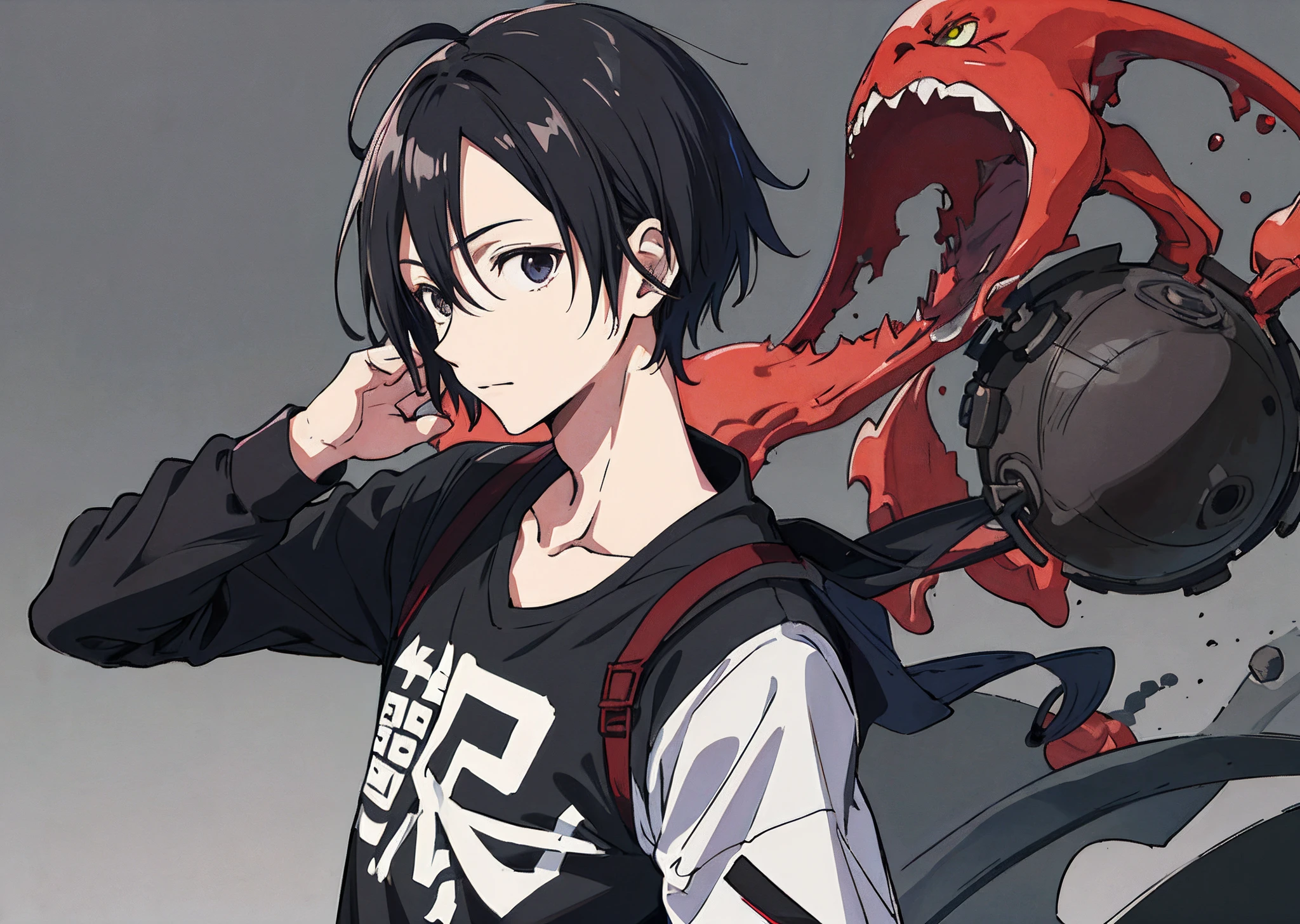 (masutepiece, Best Quality), 1boy, Black shirt、Facing left、The upper part of the body、Solid background color、Whole face、