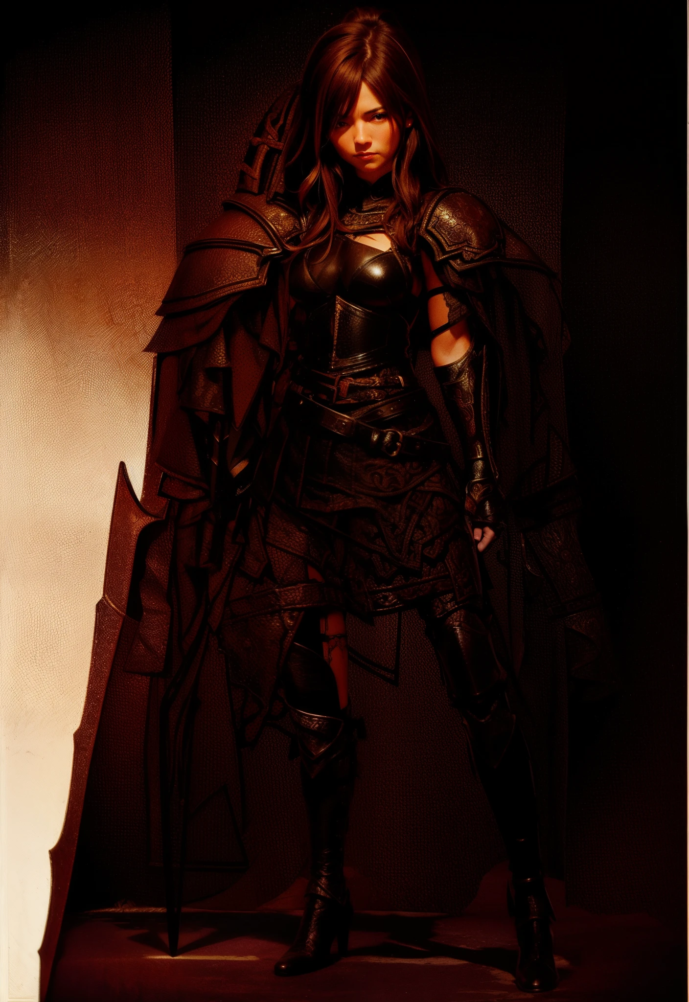 Ultra realistic, brown hair, wearing fantasy heavy breast plate armor, wearing heavy armor gauntlets bracer for the arms, Heavy armor greaves for the legs inspired by Dungeons and Dragons, female wearing pants