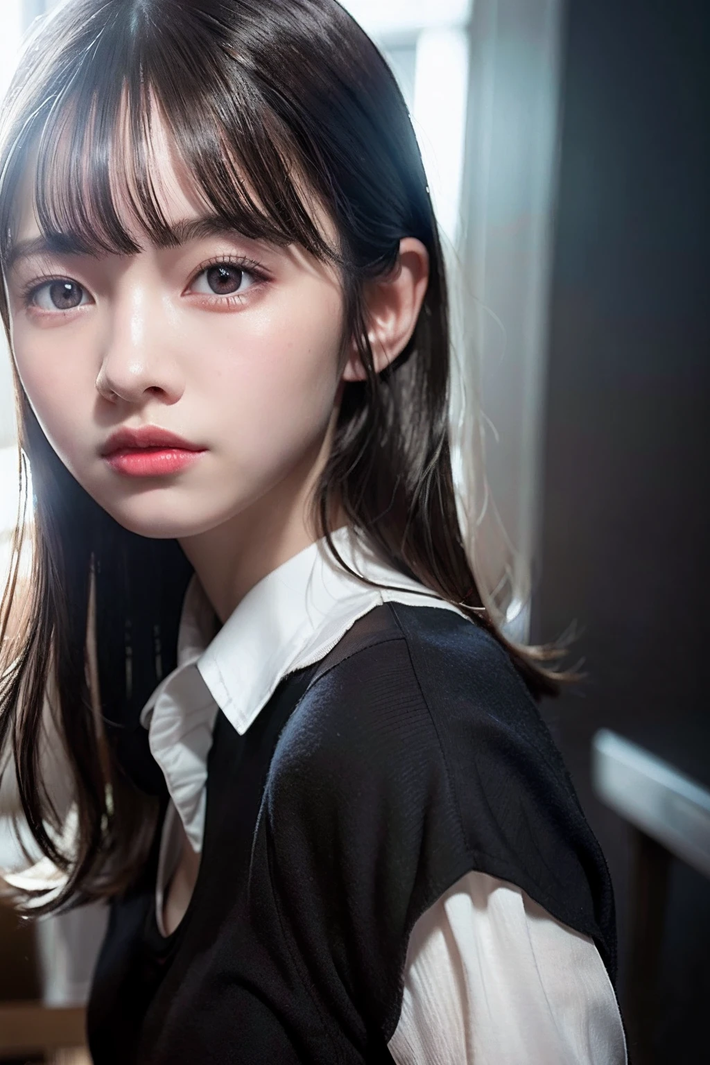 (extremely detailed CG unity 8k wallpaper), (masterpiece), (best quality), (ultra-detailed), (best illustration), (best shadow), (photorealistic:1.4),real human skin, lens flare, shade, backlighting, depth of field, natural lighting, hard focus, film grain, ntsw, 1 girl, 18 yo, solo, skinny, school uniform, white shirt, black long tie, black skirt, pale skin, soft lips, (light eyebrow:1.4), brown eyes, black long straight hair, (small breasts), in classroom