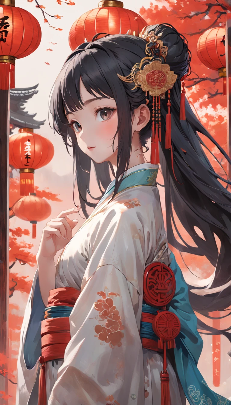 masterpiece, best quality, highres, <lora:Moxin_10:0.7> , 1girl, long hair, medium breasts, china dress, <lora:elegantHanfuRuqun_v10:0.8>, (elegent,) from side, looking back, upper body, partially immersed, flowers, east asian architecture, outdoors, flowers in the sky
