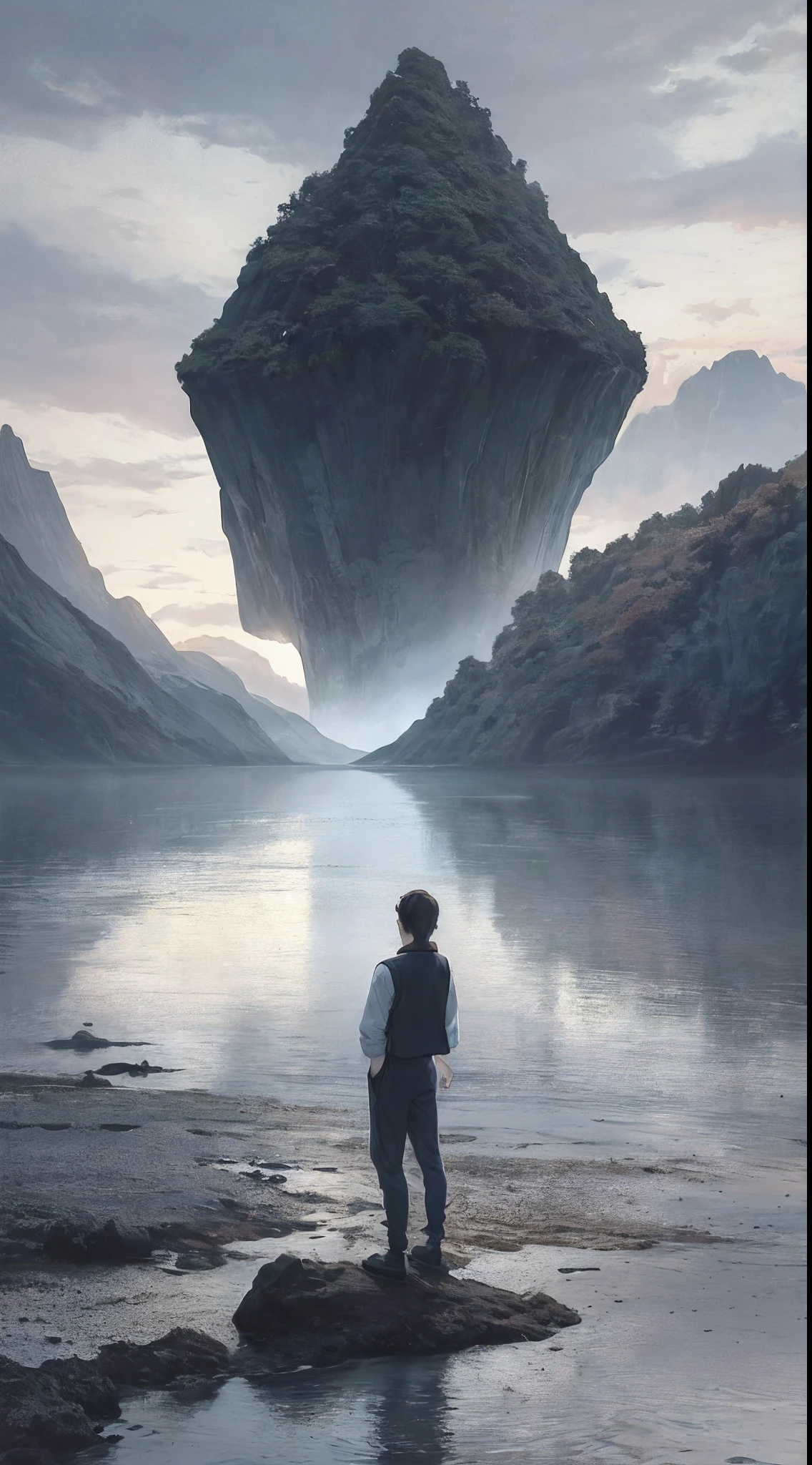 anime scene of a man standing on a rock overlooking a lake, trending on artstationh, concept art 2022, trending on cgstation, inspired by Andreas Rocha, 8k stunning artwork, 8k digital painting, 8k resolution digital painting, 8 k resolution digital painting, trending on cgsociety art, trending on artstation.'