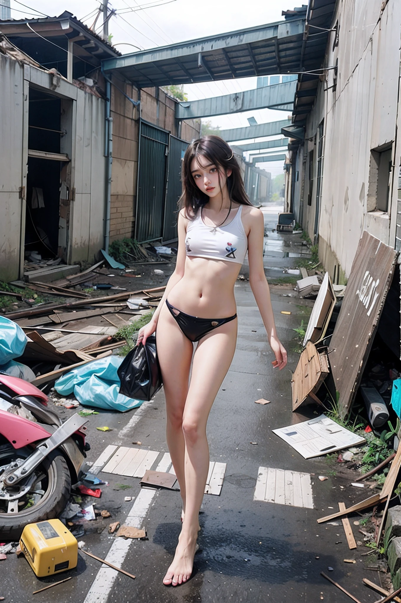 tmasterpiece,abandoned building,Garbage all over the ground 1.1,Dirty 1.1,full-body portraits,Sexy standing pose,Slim legs,very beautiful long slim legs,The barefoot,exhibitionists,Naked