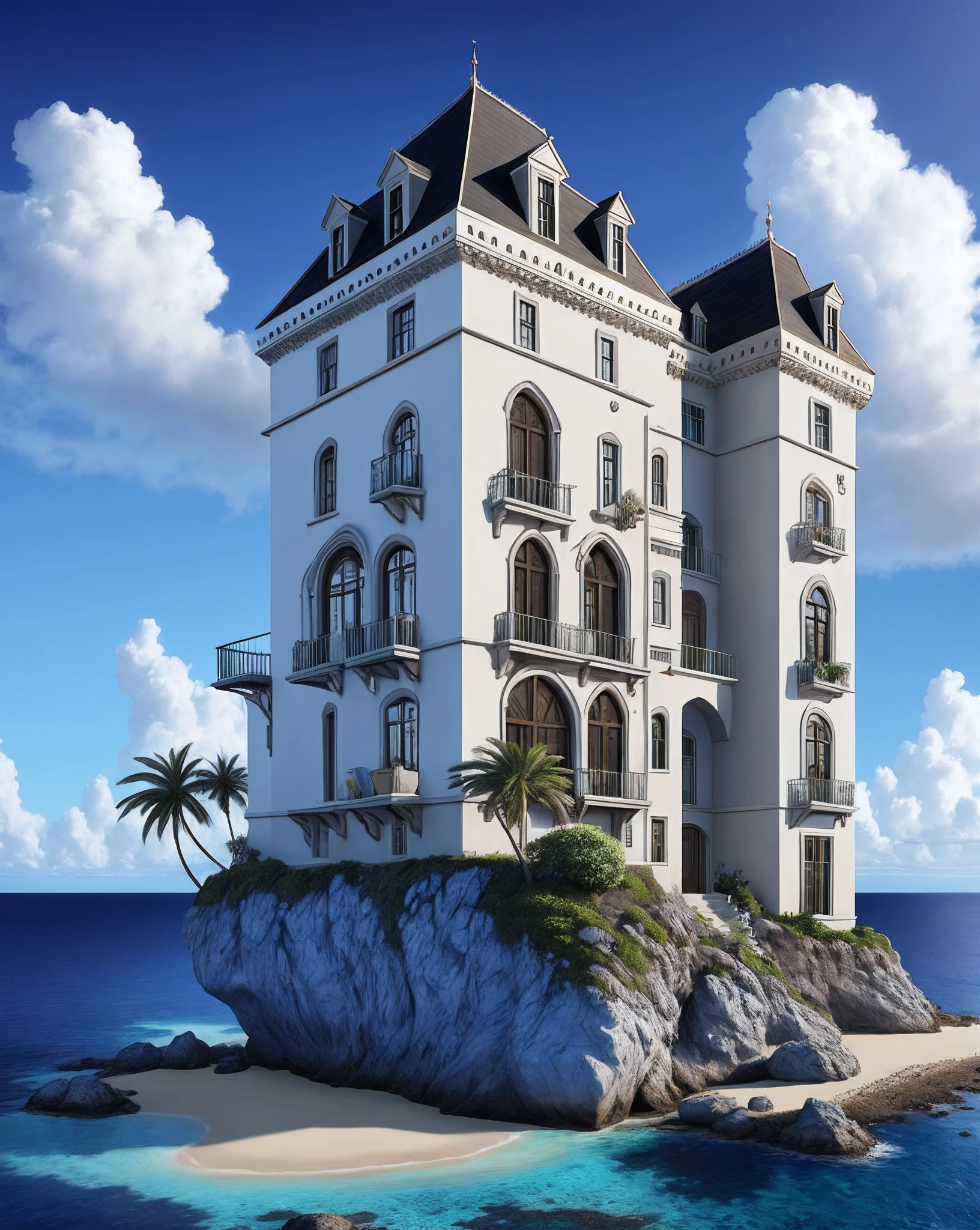 five storey futuristic rock house on a tiny island in the style of a castle, far from the mainland, in the middle of the Atlantic, high walls, high security, highly realistic, mirror windows, lots of palm trees, ,