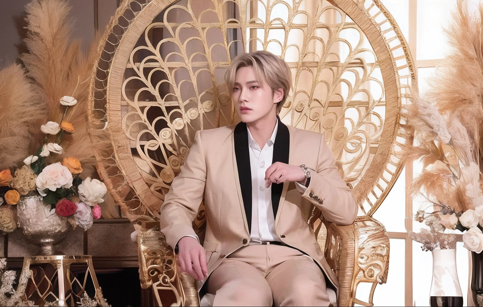 there is a man sitting in a chair with a microphone, jung jaehyun, photoshoot, hyung tae, cai xukun, captured on canon eos r 6, sitting in fancy chair, johan liebert, in a gold suit, photo shoot, official fanart, catalog photo, portrait of jossi of blackpink, shot with canon eoa 6 d mark ii