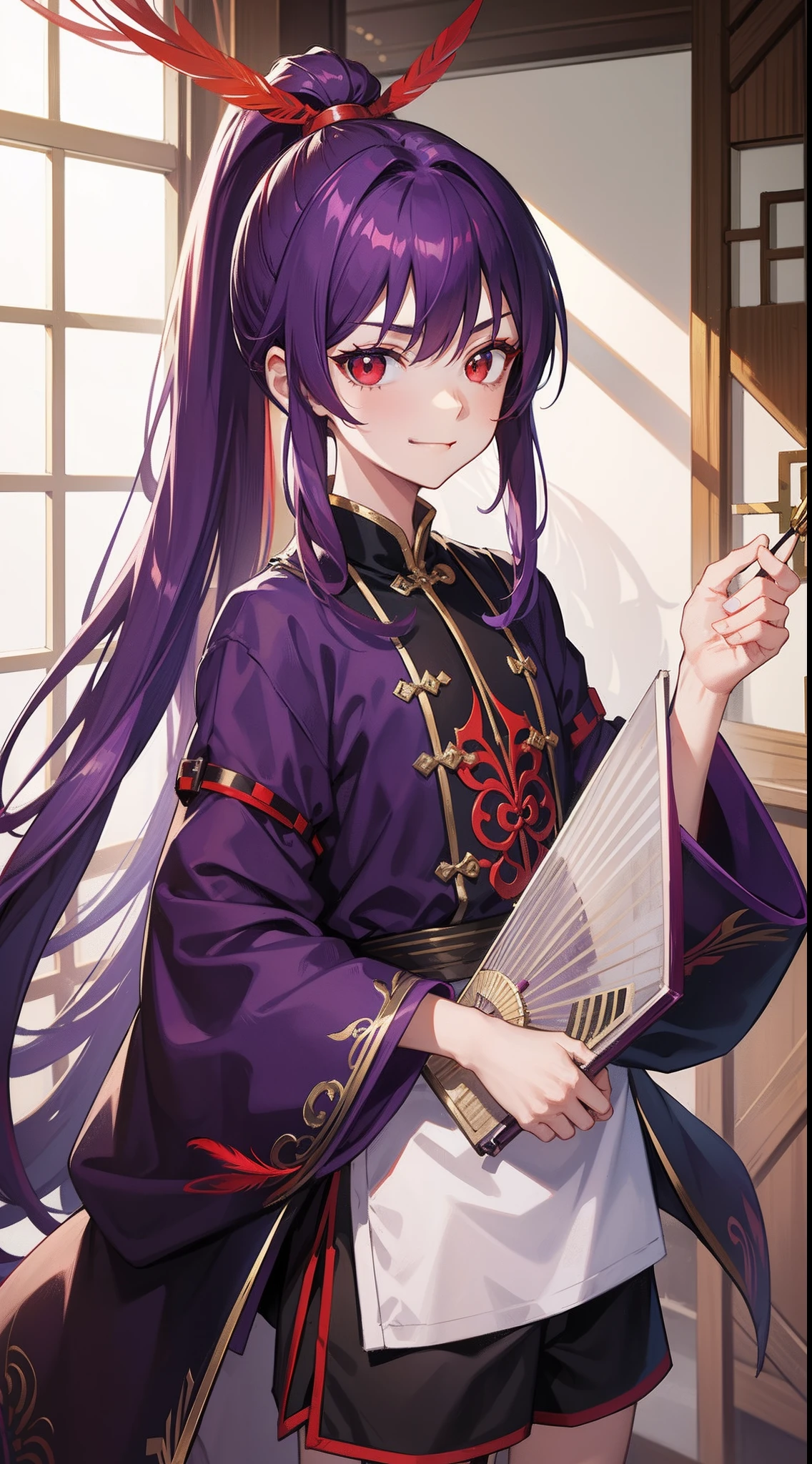 young boy, long purple hair, high ponytail, red-eyes, Chinese purple short-sleeved shirt, Via Hanifa, smirk, Feather Fan, Masterpiece, hiquality