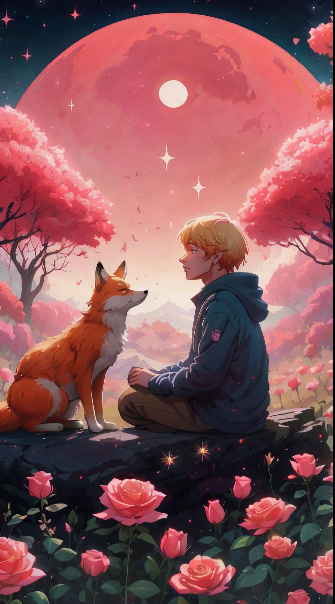 there is a boy sitting on a rock with a fox, beeple and jeremiah ketner, fantasy fox love, cyril rolando and goro fujita, anime lush john 8k woods, beautiful art uhd 4 k, atey ghailan 8 k, rob rey, inspired by Cyril Rolando, yuri shwedoff and tom bagshaw, 4k art