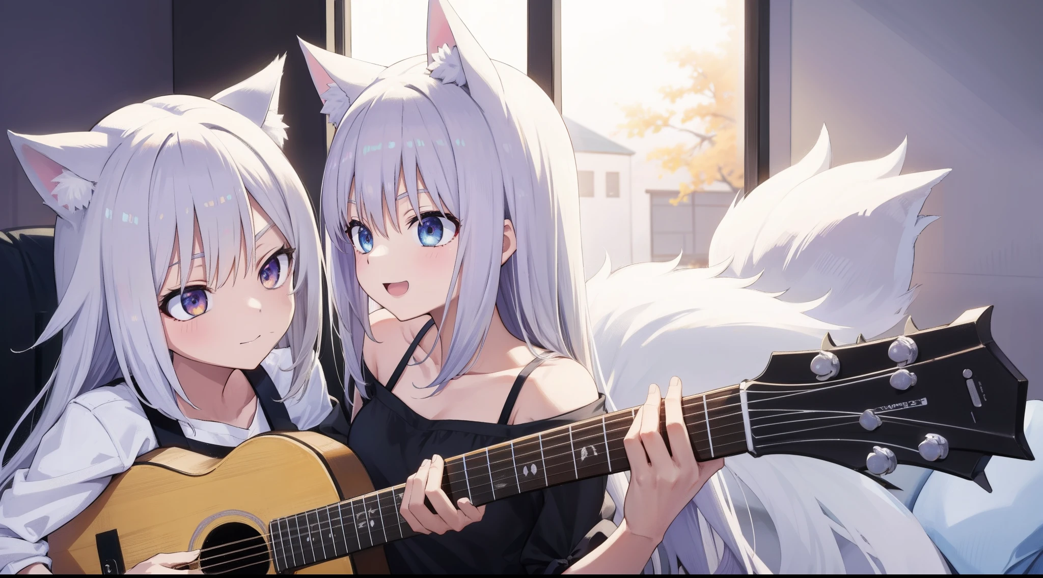 Anime couple in a room with guitar and cat ears, anime girl with cat ears, WLOP and Sakimichan, nyaruko-san, White-haired fox, nixeu and sakimichan, neferpitou, anime moe art style, a silver haired mad, cute anime catgirl, Loli, smiling wryly, white haired Cangcang