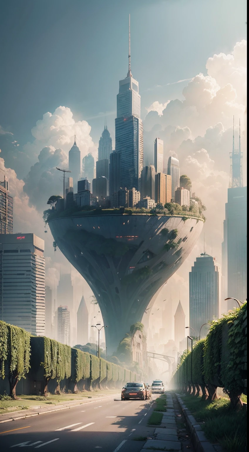 Eschatological，haze，Noon time，The city is dilapidated，The walls are covered with plants，There were many damaged cars on the road，There is a floating island in the distance