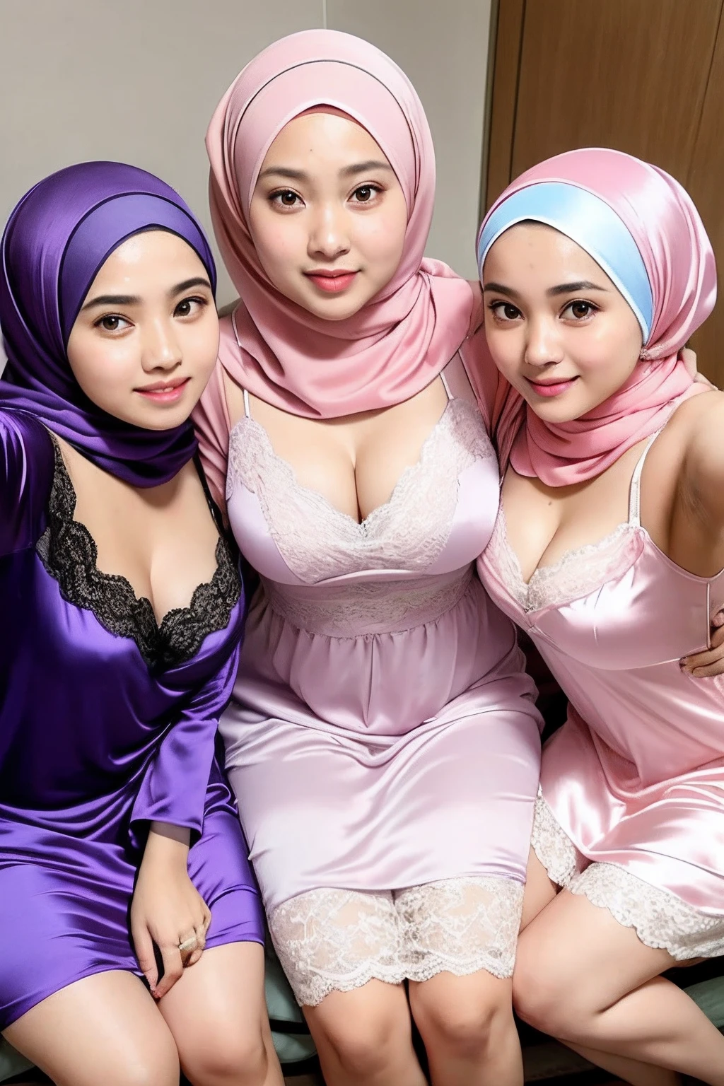 Realistic, 3 malay girls, hijab, face enhancement, face extra large zoom, selfie, look up, stare at me, cleavage emphasis, smile, sit on bed, wear pastel color Lace Satin bikini,