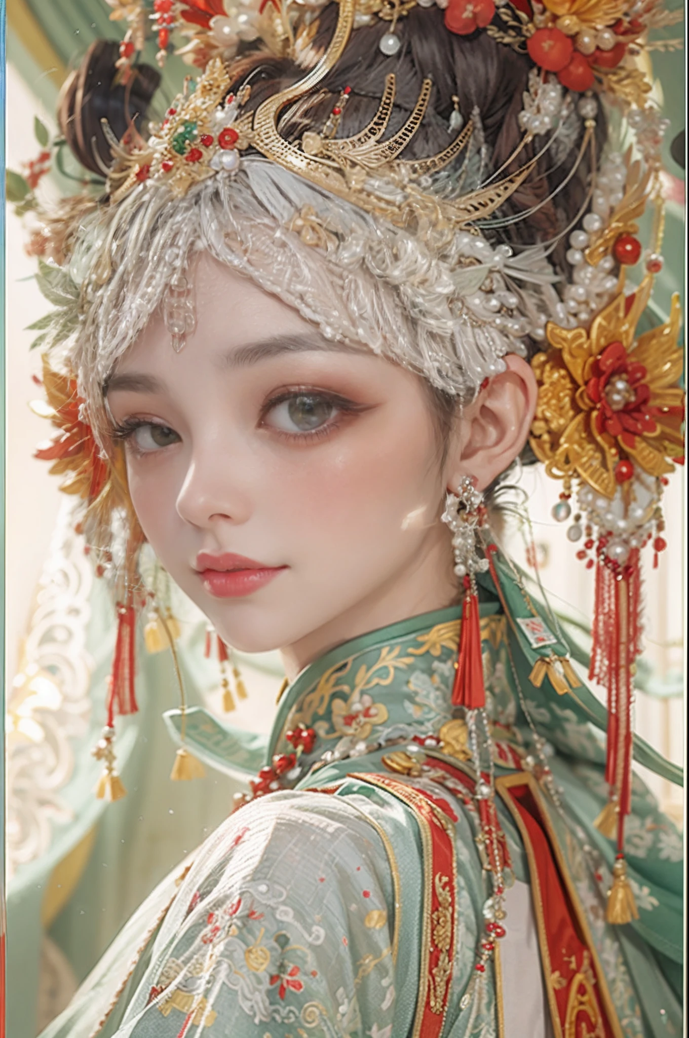 Palace,The princess got married,Hanfu bride,Golden Phoenix Crown,(Pearl cloud shoulder),Pearl tassels,Red and green hanfu,Solemn,(orthofacial),A beautyful girl,Beautiful facial features,Smooth and delicate skin,skin detailed,largeeyes,Eyelash detailing,She has bright eyes,She wears a phoenix crown on her head,Wearing red and green Chinese clothing,k hd,higher details,movie picture quality