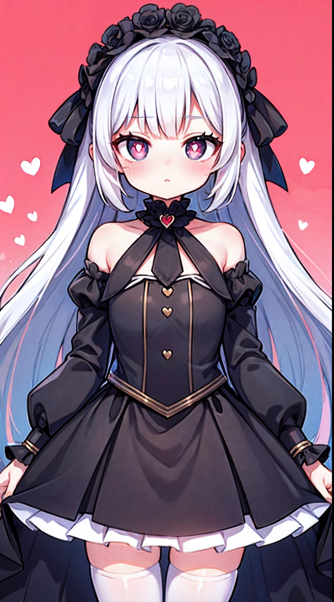 long  skirt，High detail, Heart-shaped pupils，Love pupils，cropped shoulders，Lots of hearts，Slender maiden,highly rendered，detailed face with，white stockings