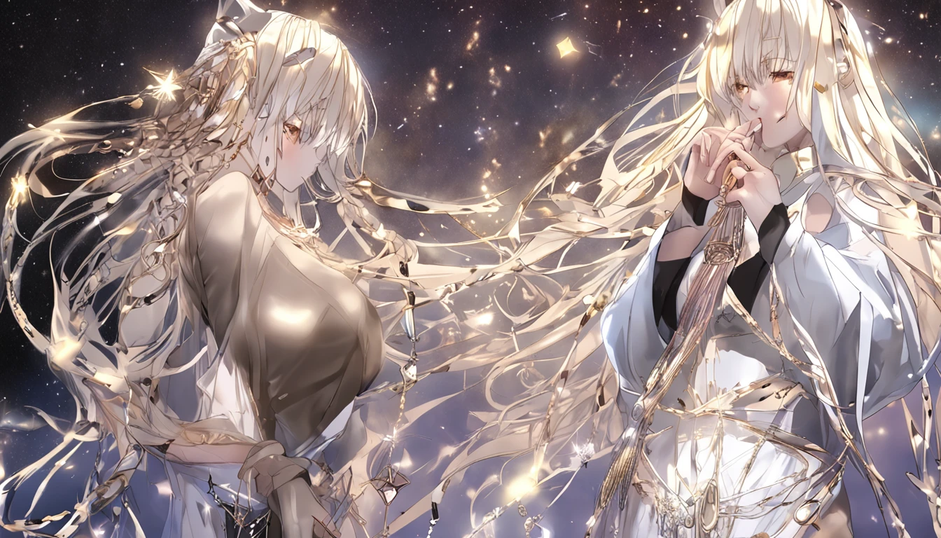 Kizi， 独奏， choker necklace， The hair is between the eyes， As estrelas\（sigature\）， long whitr hair，golden curly hair， double tails， shinning eyes， 耳Nipple Ring， jewely， sorceress woman， By bangs， Black shoes， scenecy， nigh sky， As estrelas\（Skysky\）， starrysky， the night， Clouds， Reflectors， Eau， magia， tarot cards， Water magic，shrine maiden， faeries， （（Beautiful golden crystal star））