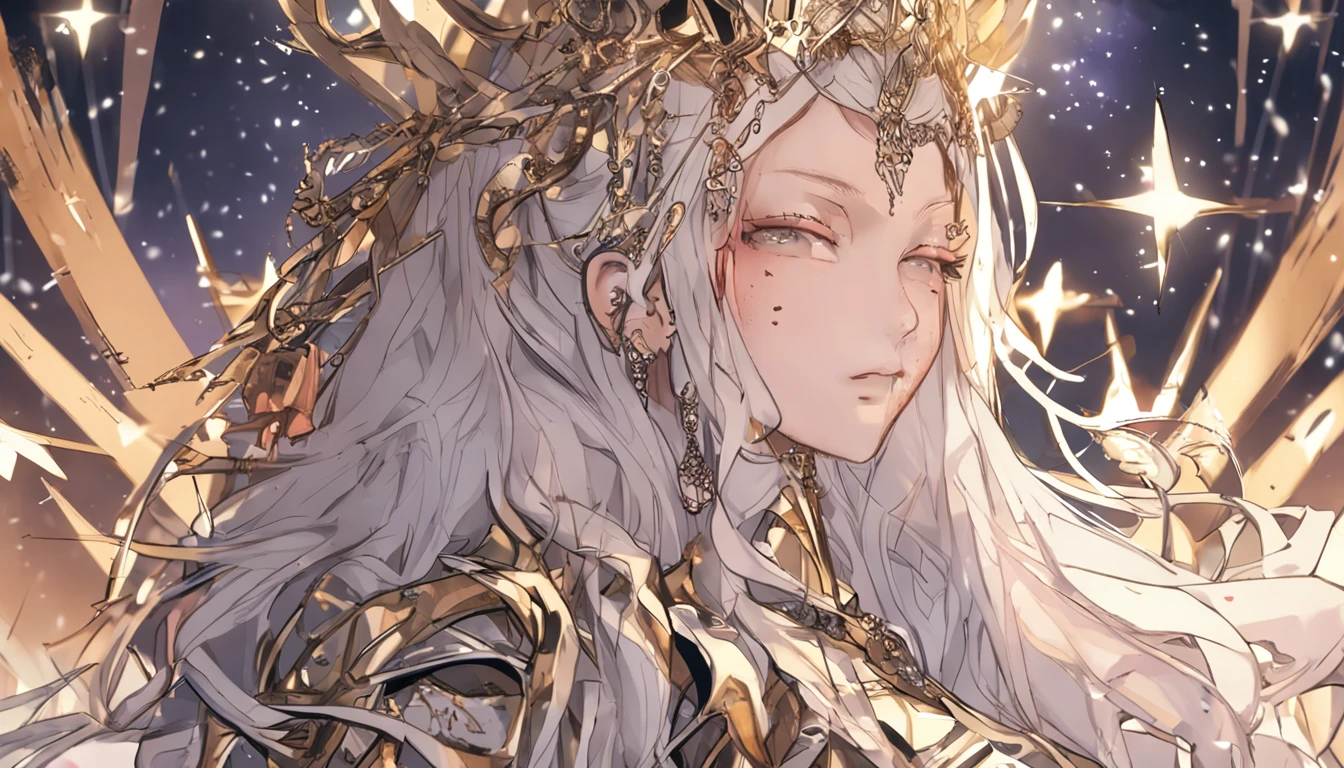 Kizi， 独奏， choker necklace， The hair is between the eyes， As estrelas\（sigature\）， long whitr hair，golden curly hair， double tails， shinning eyes， 耳Nipple Ring， jewely， sorceress woman， By bangs， Black shoes， scenecy， nigh sky， As estrelas\（Skysky\）， starrysky， the night， Clouds， Reflectors， Eau， magia， tarot cards， Water magic，shrine maiden， faeries， （（Beautiful golden crystal star））