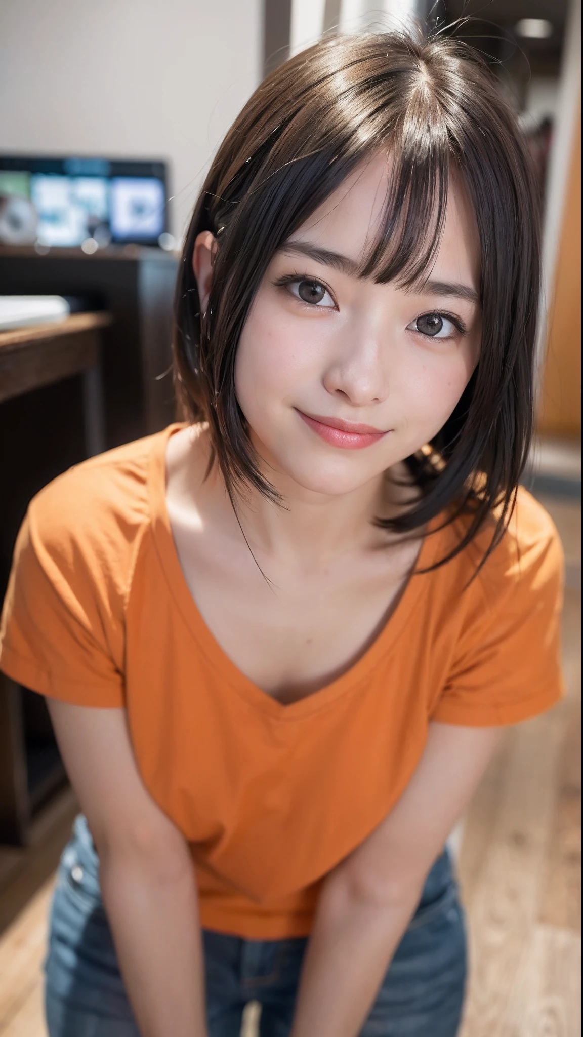 (top-quality、8K、32K、masuter piece、nffsw:1.2)、Cute Japan Girl、女の子1人、short-hair、profile、(Split abs、slim figure:1.2)、(s lips) 、(Black hair)、二重まぶた、shinny skin、Realistic rays、mare、beauitful face、(A smile:1.3)、crouching down、(From above:1.2)、(a closeup:1.4)、shores、Orange T-shirt、blurry backround、(Front Focus)、(Dark: 1.6)、Fantasy Art、photoRealstic、Professional Lighting、extra detailed face、Award-winning、deep-shadows、