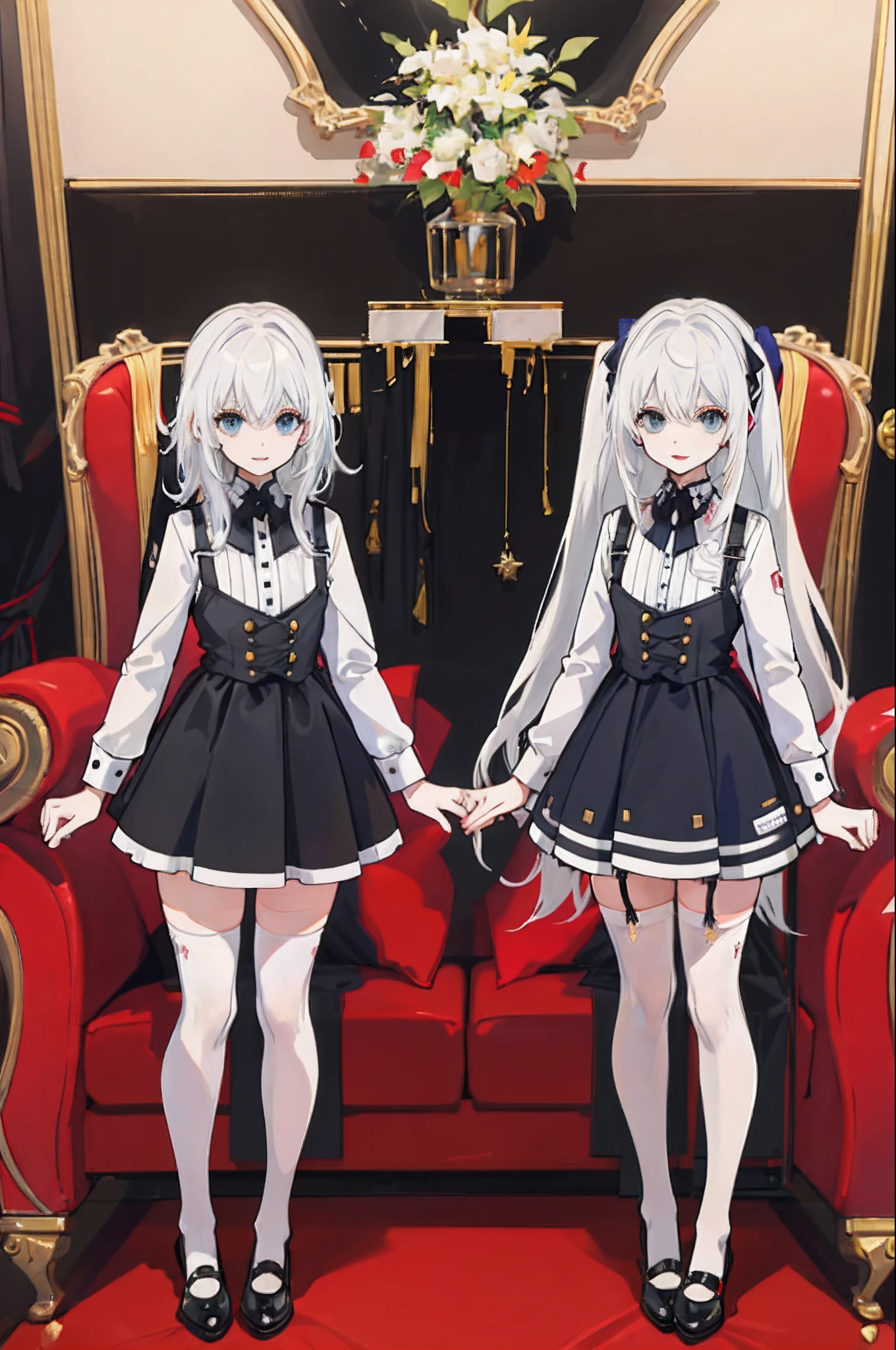 ,twins,white hair,stockings,mature female,