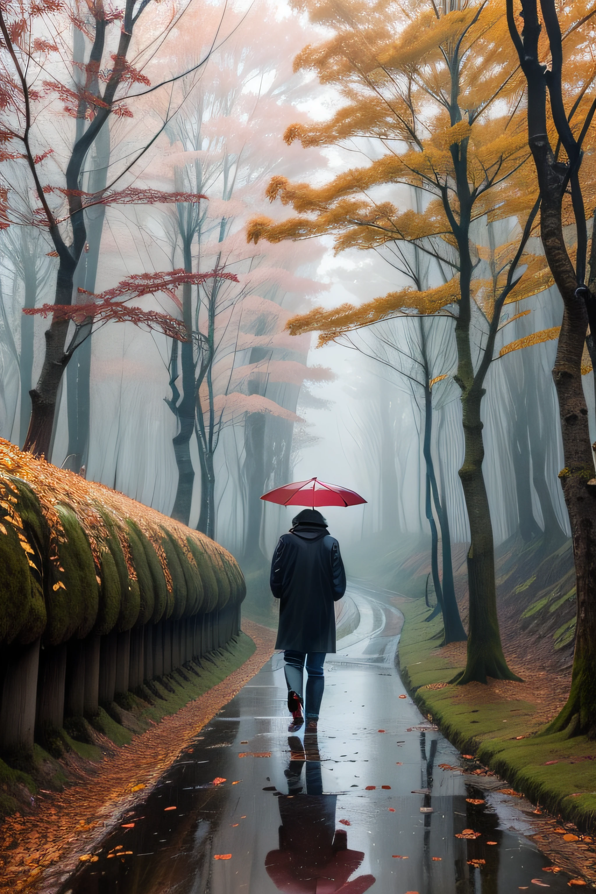 The endless autumn rain brushes the moss,Red maple forest,The sound is rain falling with maple leaves,I walked along muddy forest paths,There was a embarrassed man with his back in the smoke and rain。There is nothing on hand,No raincoat,No umbrella。