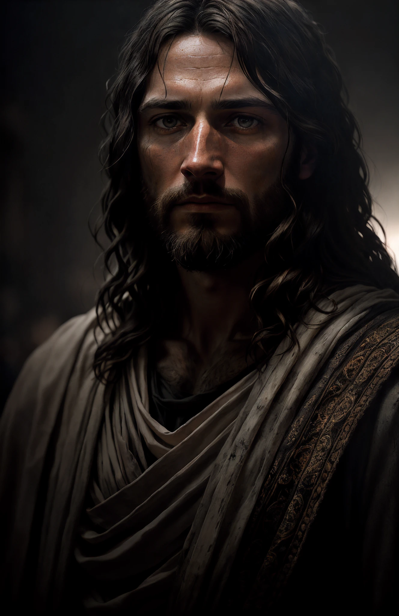 JESUS CHRIST DARK PHOTO: realistic epic, soft cinematic portrait, adobe lightroom, photographic lab, highly detailed, faded, (neutral colors: 1.2), (hdr: 1.4) , (soft colors:1.2), hyperdetailed, (artstation:1.4), cinematic, warm lights, dramatic light, (intricate details:1.1), complex background, (rutkowski:0.66), (blue and orange:0.4)